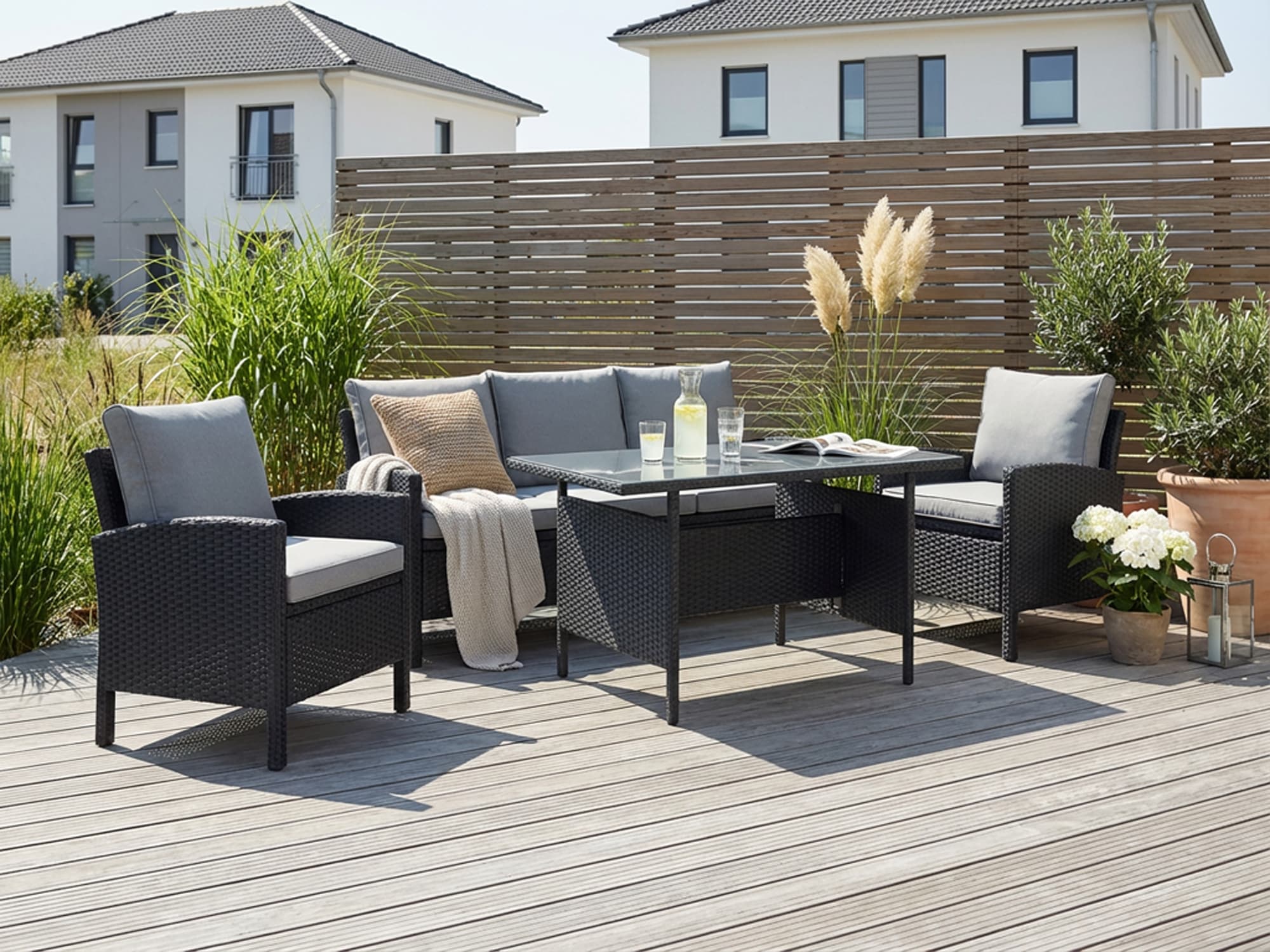 Image of KONIFERA Gartenlounge-Set ""Brooklyn"" Set, 1x 3er Sofabank, 2 Sessel, Tisch 66x120x74 cm, inkl. Auflagen, 12 Stk. tlg. Stahl/Polyrattan