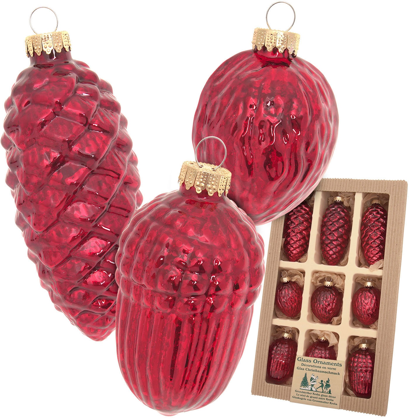 Krebs Glas Lauscha Christbaumschmuck »Antikes Glas Nüsse & Zapfen« Christbaumschmuck aus Glas, mundgeblasen, handgefertigt, Zapfen