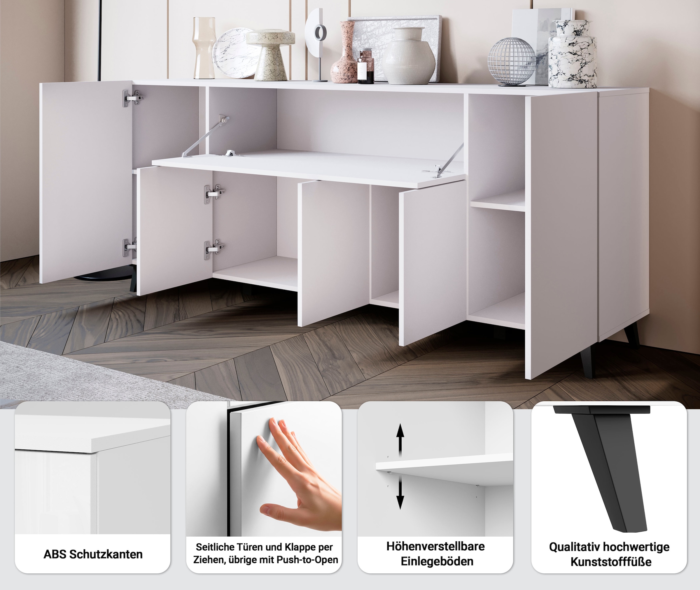 Home affaire Buffet »SIDEBOARD PHUKET II, Stilvolle, grifflose kommode, Breite 180cm« avec 5 portes, 1 abattant, 7 compartiments et étagères réglables en hauteur