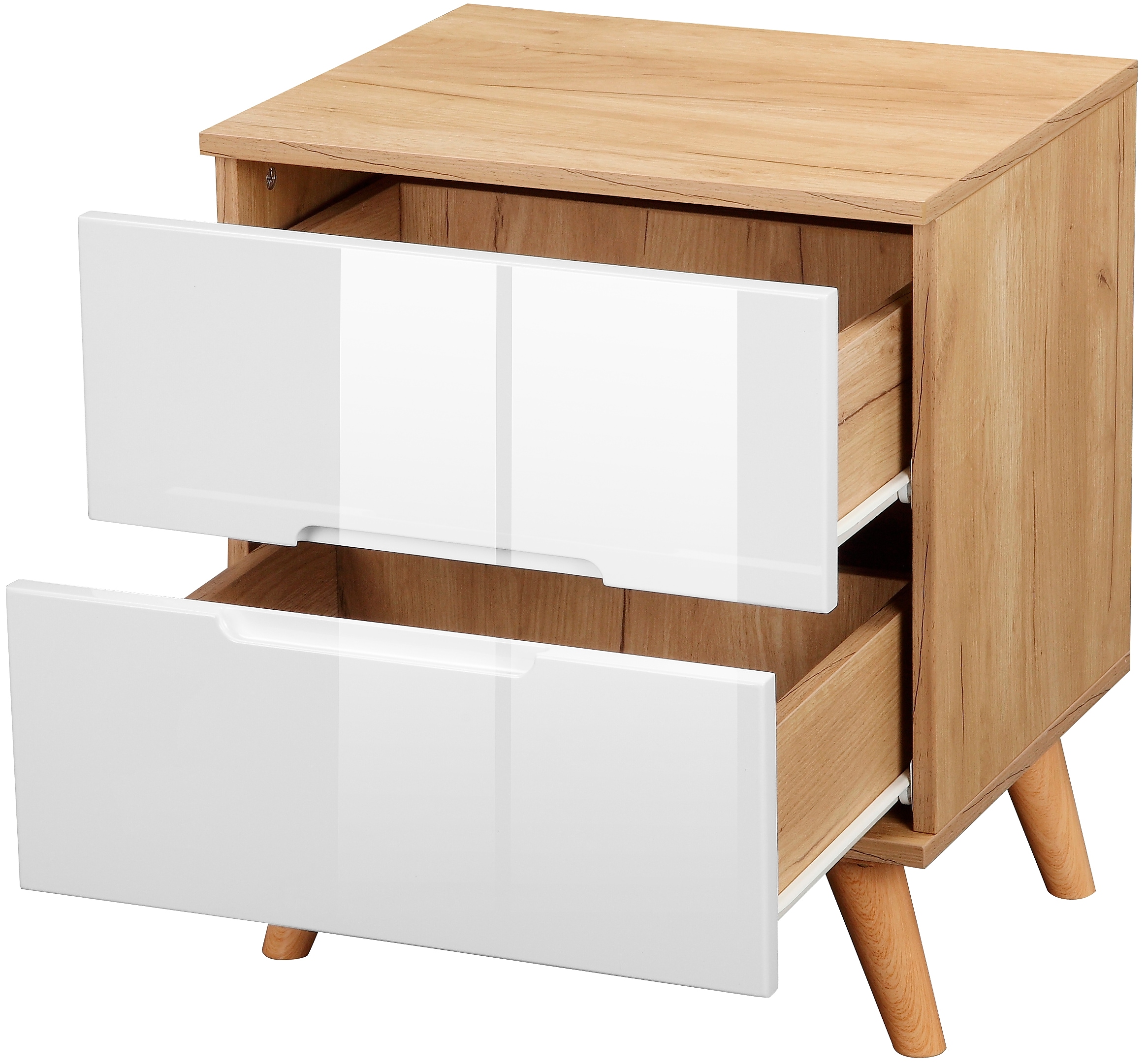 andas Nachtschrank »Lund Nachttisch Beistellschrank Kommode mit Hochglanzfronten«, Nachtkommode mit 2 Schubladen Bestseller im skandinavischem Design
