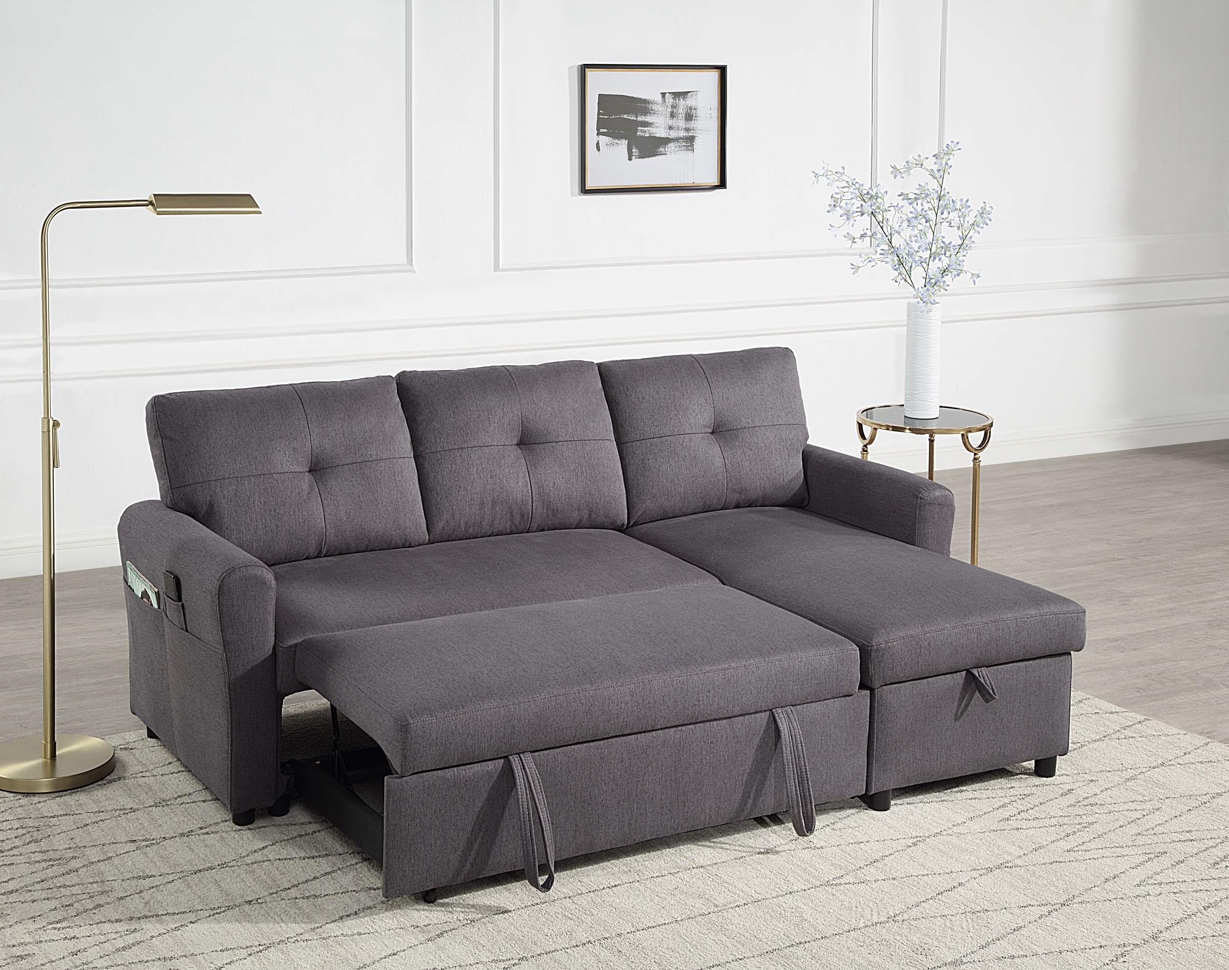 ATLANTIC home collection Schlafsofa "Gustavo L-Form, B: 199 cm, in Cord oder Struktur" mit Schlaffunktion, Bettkasten & seitlichen Taschen