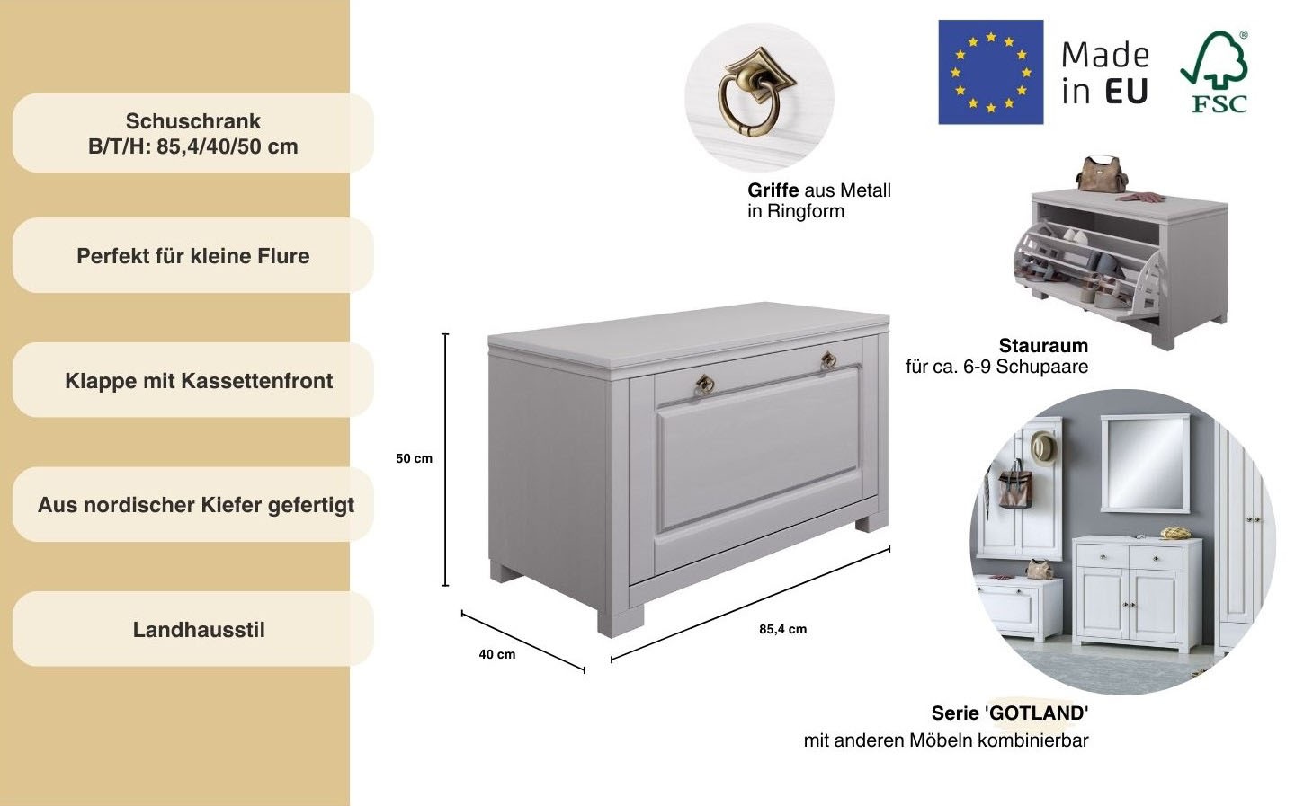 Home affaire Sitzbank »Gotland inkl. Schuhtrommel für ca. 6-9 Paar Schuhe«, aus massiver Kiefer, FSC®-zertifiziert, Breite 85 cm