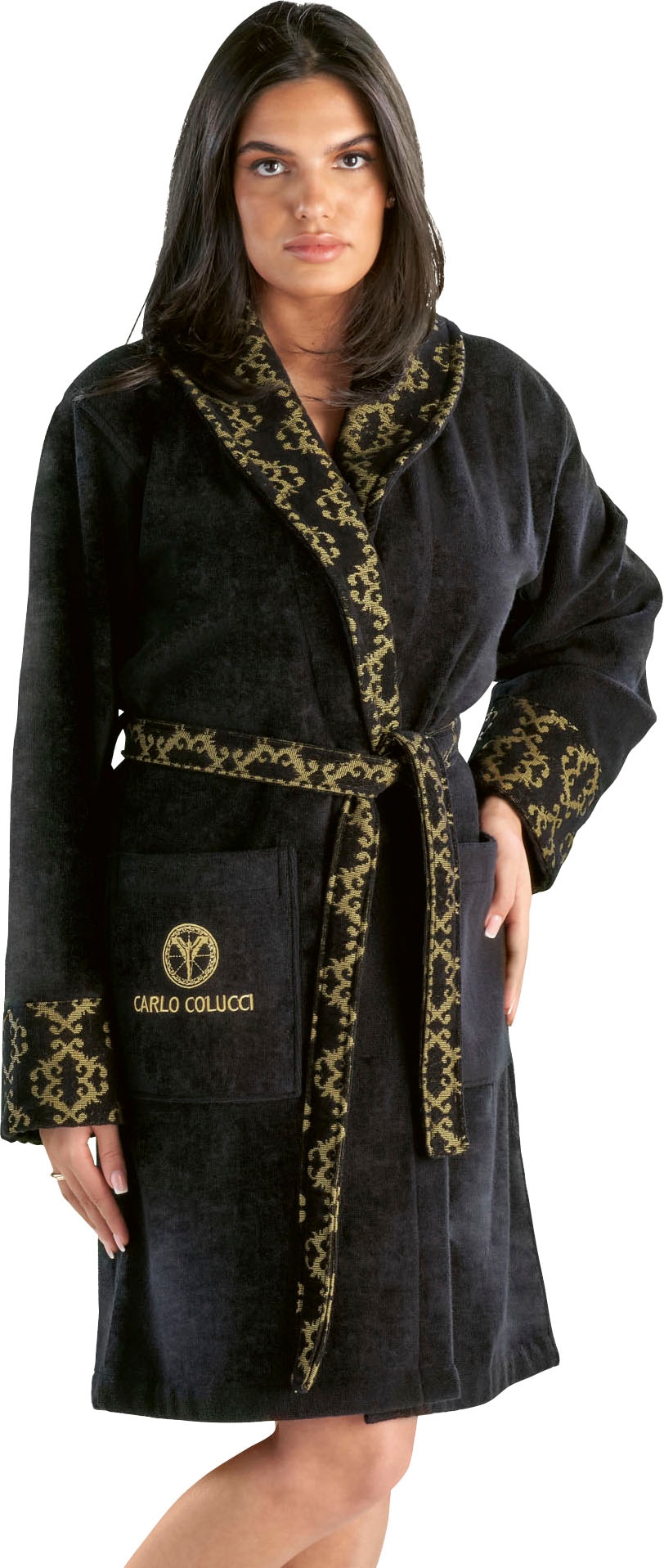 CARLO COLUCCI Damenbademantel »Raffaele«, (1 St.), goldfarbenene Velours-Jacquard-Details an Ärmeln, Kragen und Gürtel