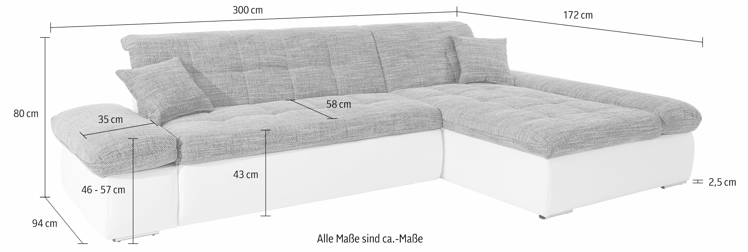 DOMO collection Ecksofa »Moric, L-Form, XXL-Sofa - Breite 300cm«, wahlweise mit Bettfunktion und Armteilverstellung, weiss-grau