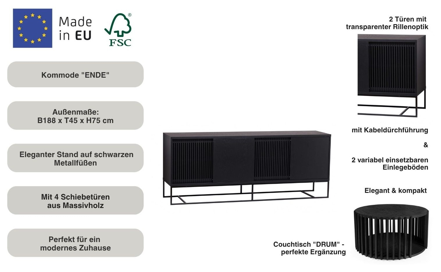 Woodman Sideboard »Ende« Kommode, teilmassiv, Metallfüsse, Breite 188 cm, FSC®
