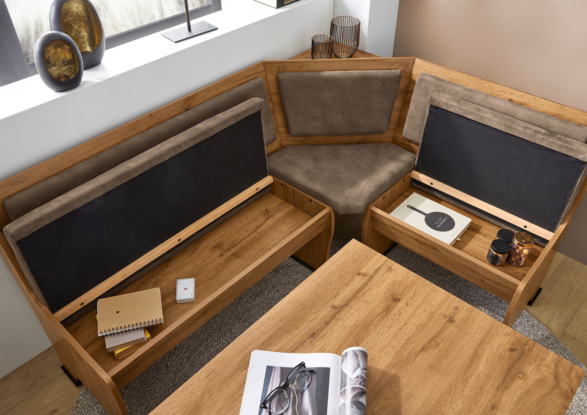 GOODproduct Ensemble de bancs d'angle »Theo (Set, 4-tlg. Tisch, Bank und 2 Stühle) 2 Farben wählbar« Bank links/rechts montierbar, mit Stauraum, Stühle im 2er Set