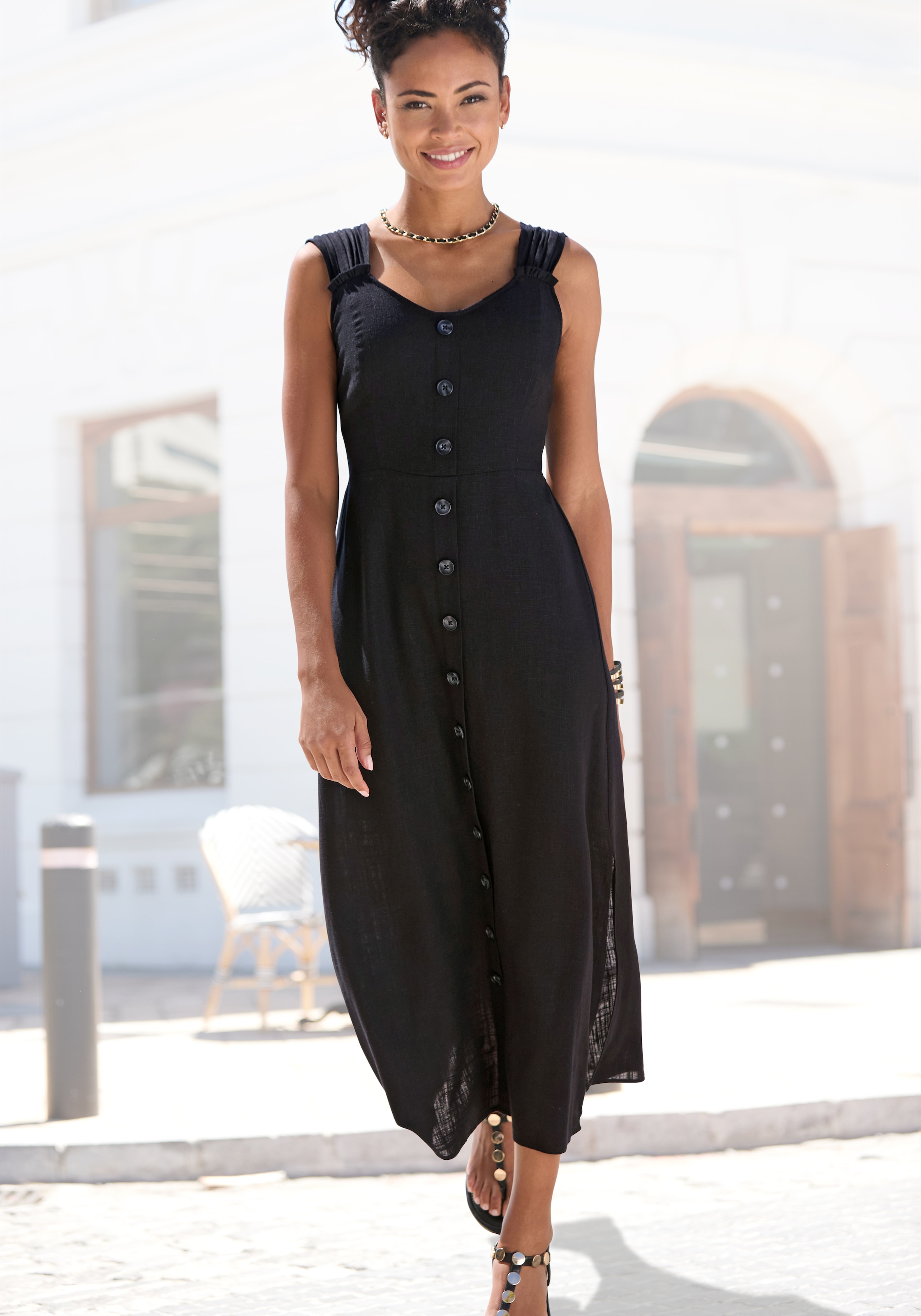 LASCANA Maxi robe »mit breiten Trägern aus Webware mit Leinenanteil« Sans poches Robe d'été élégante, robe en lin, robe à bretelles