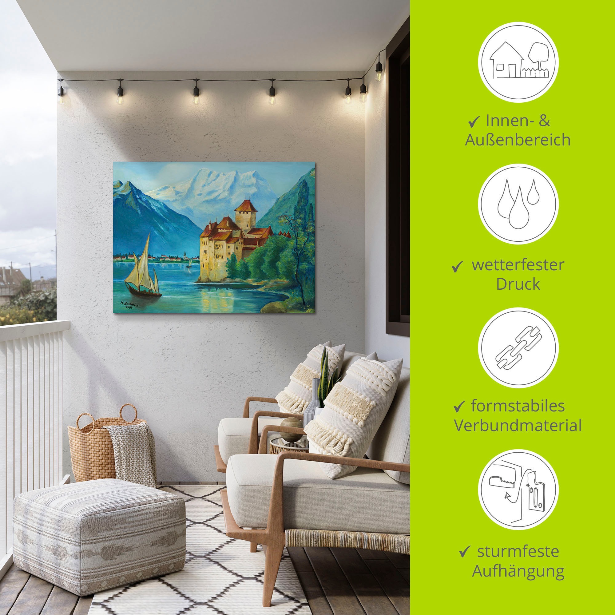 Artland Alu-Dibond-Druck »Schloss Chillon am Genfer See«, Gebäude, (1 St.), für Innen- und Aussenbereich geeignet, Outdoorbild