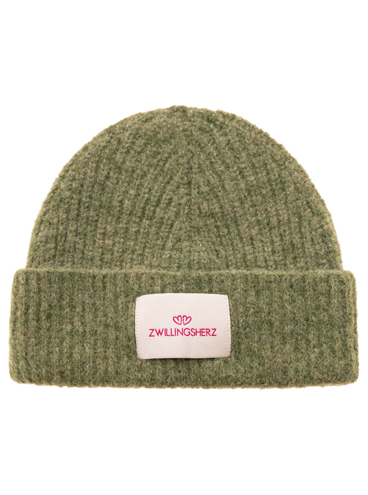 Zwillingsherz Bonnet tricoté »"Zwillingsherz Patch"« gerippt,  mit Wolle und Umschlag, mit Patch