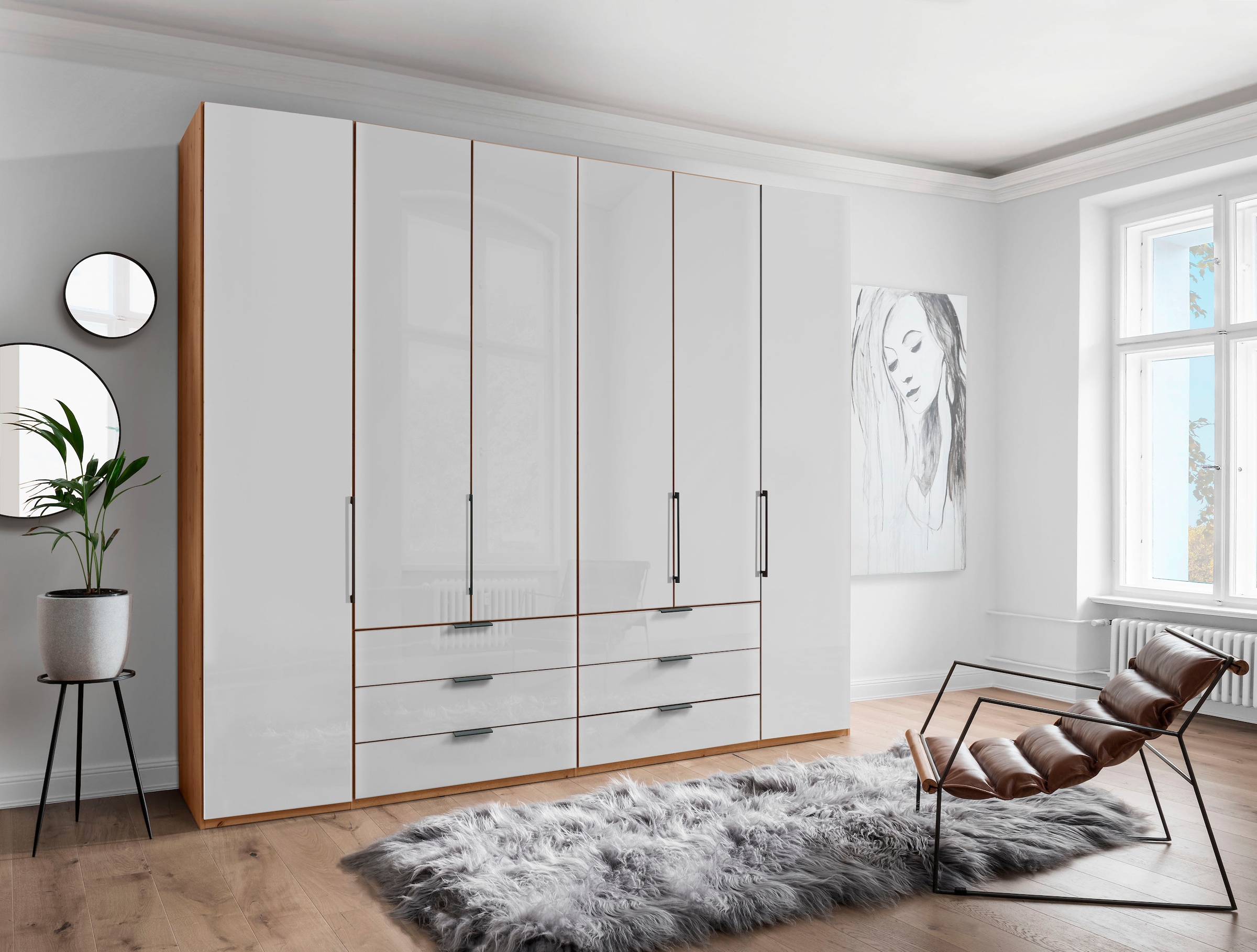 WIEMANN Falttürenschrank »Monaco, Kleiderschrank, Schrank, Wäscheschrank, mit edler Glasfront« 2 Breiten, 2 Höhen 216/236 cm auswählbar, MADE IN GERMANY,  inkl. gepämpften Schubkästen und Türen, mit Panoramaöffnung