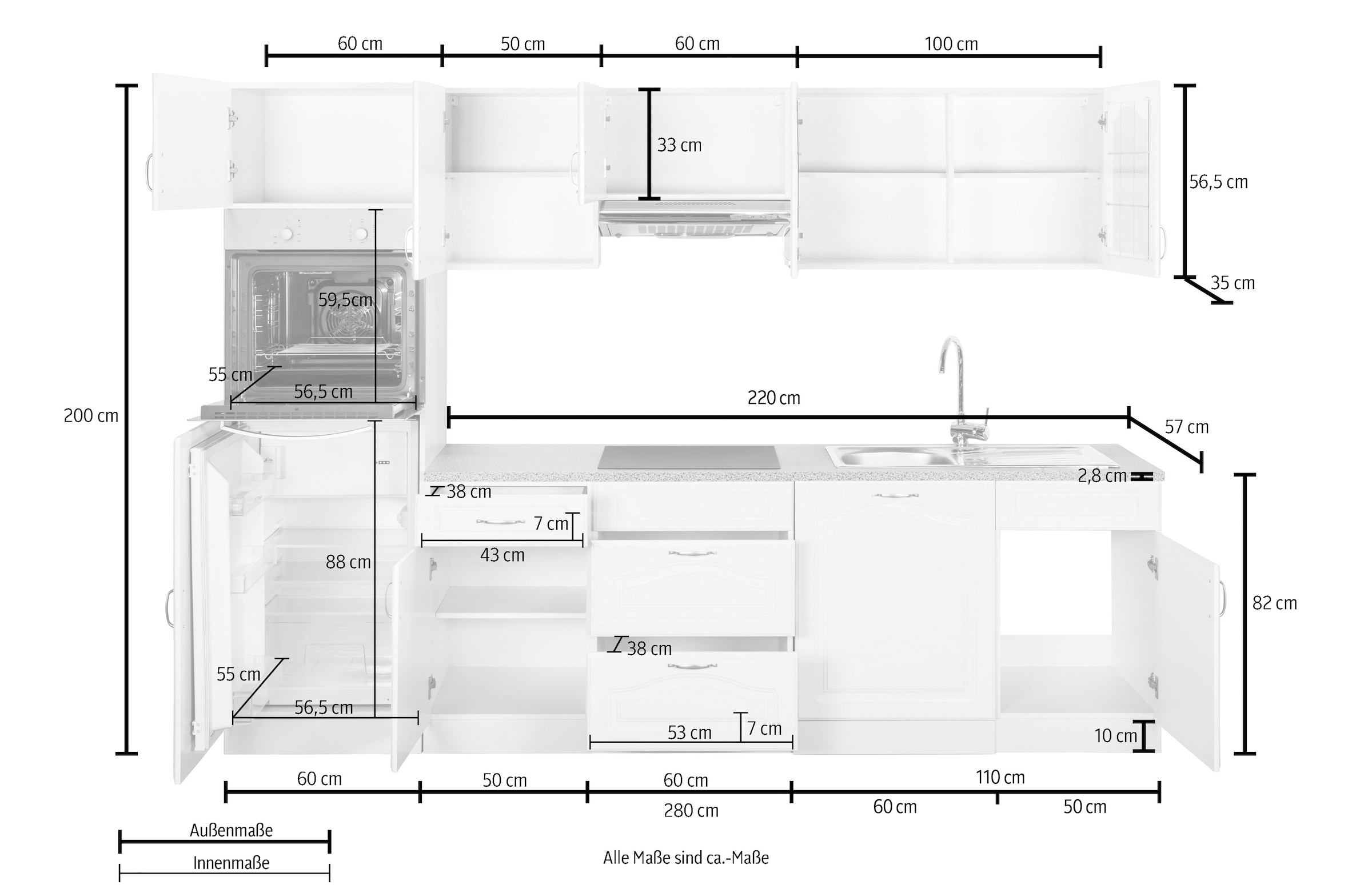 wiho Küchen Küchenzeile »Linz«, ohne E-Geräte, Breite 280 cm
