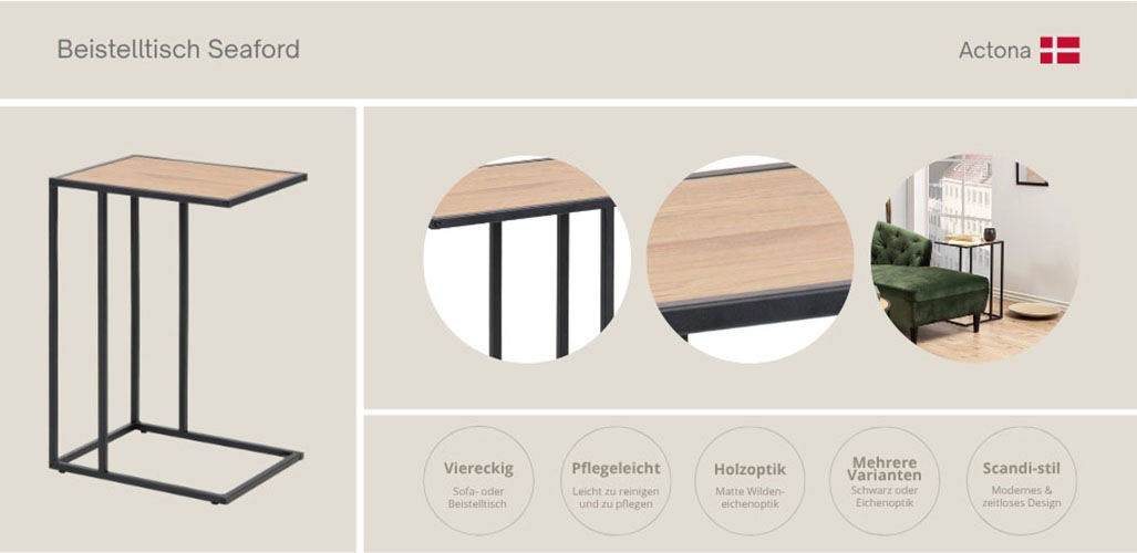 ACTONA GROUP Table d'appoint »Seaford, Rechteckig, Scandi Design, matte Wildeichenoptik, Modern« Table de salon, petite table, pieds en métal noir mat, H : 63 cm