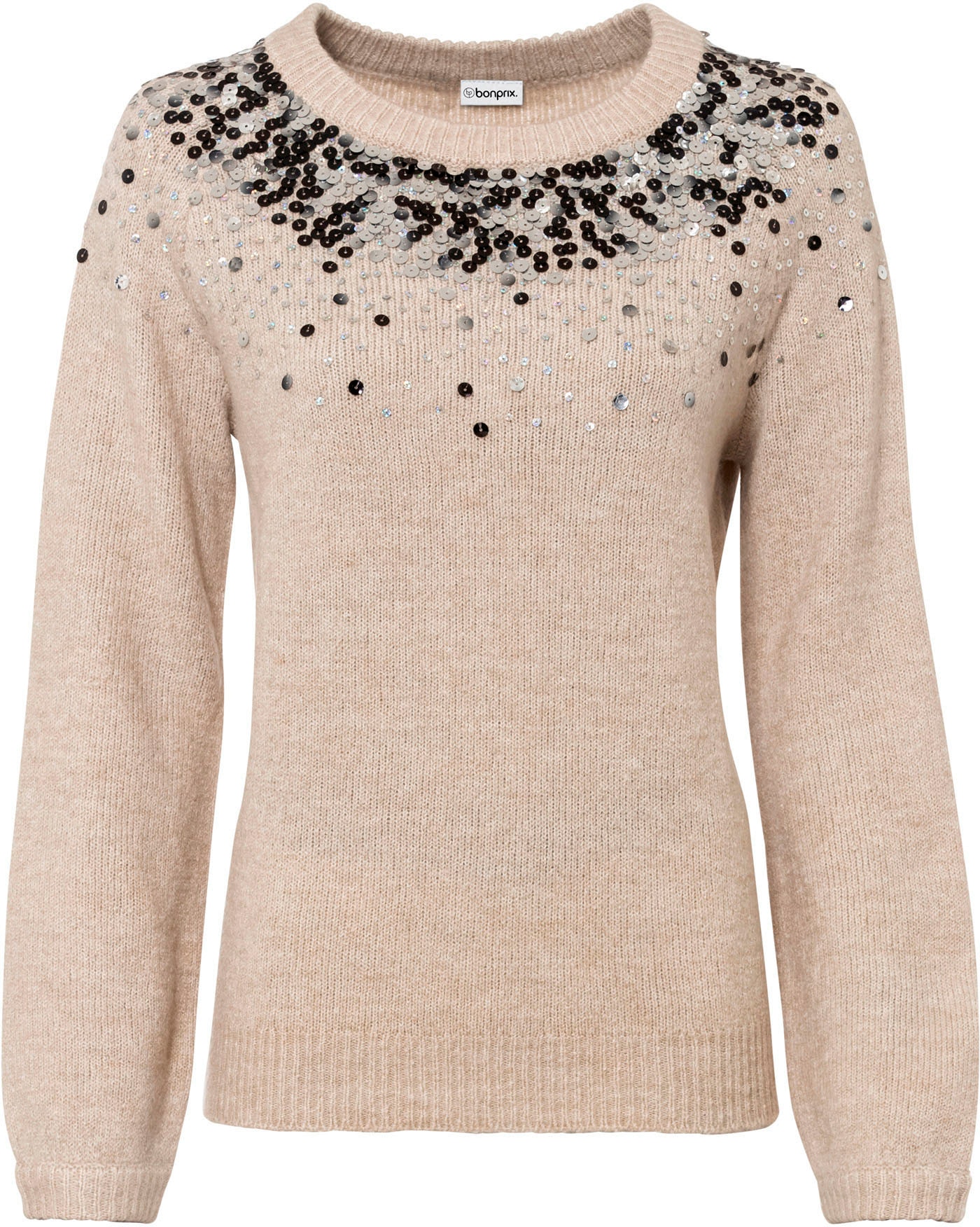 bonprix Strickpullover aus Polyacryl, Polyester und Elasthan, ohne Kragen, lockere Passform