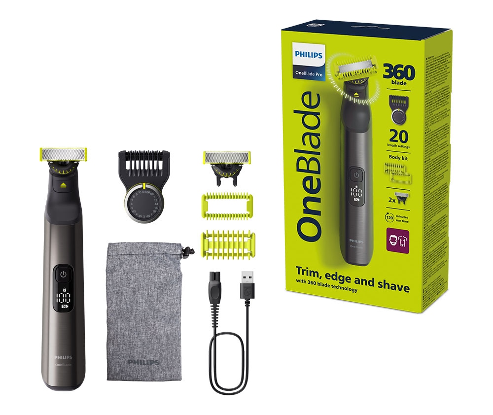 Image of Philips Elektrorasierer "OneBlade Pro 360 Face & Body QP6552/30" 3 Aufsätze 360 Grad Klinge, 20 Längeneinstellungen, inkl. Aufbewahrungstasche