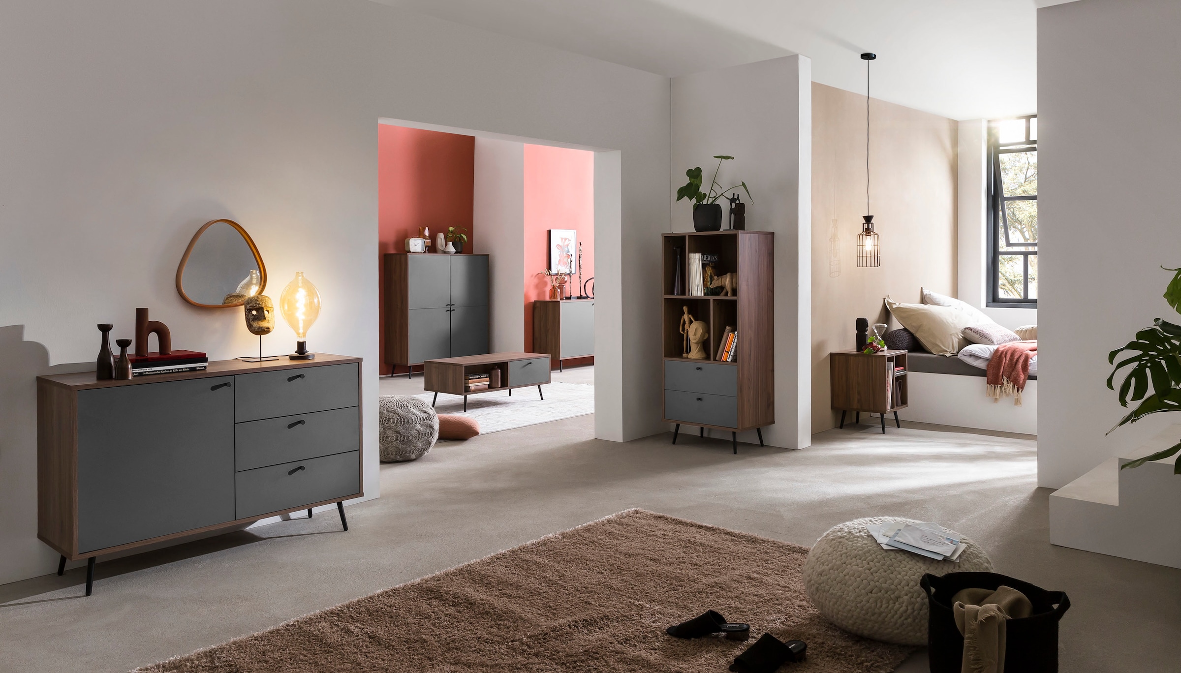 SalesFever Highboard, Stauraumschrank in moderner Farbkombination von Walnuss und Grau