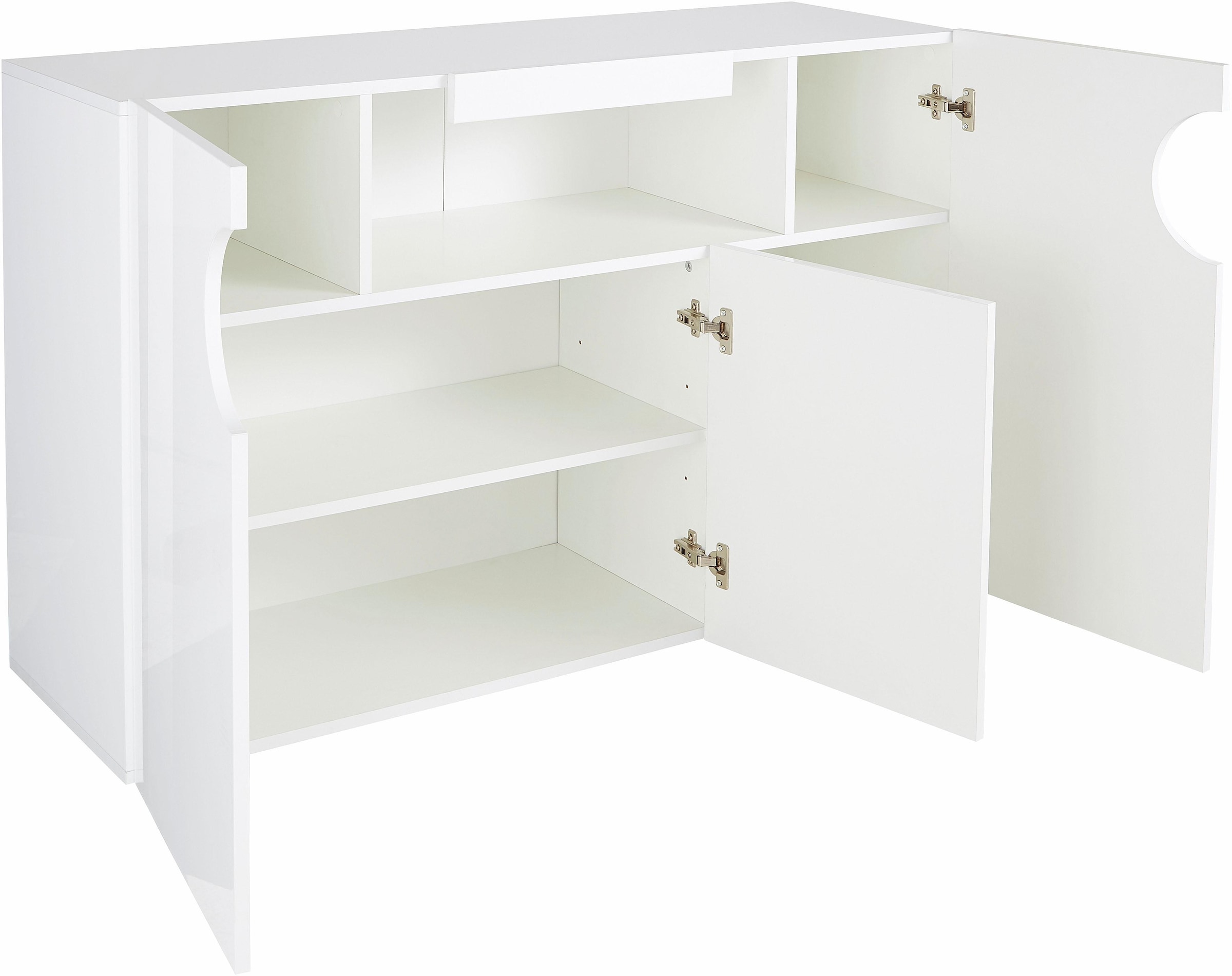 INOSIGN Sideboard »Real,Vitrine,Kommode,Schrank,Breite 130 cm komplett hochglanz lackiert«, mit 3 Türen davon 2 abgerundet, die ein ovales offenes Fach bilden