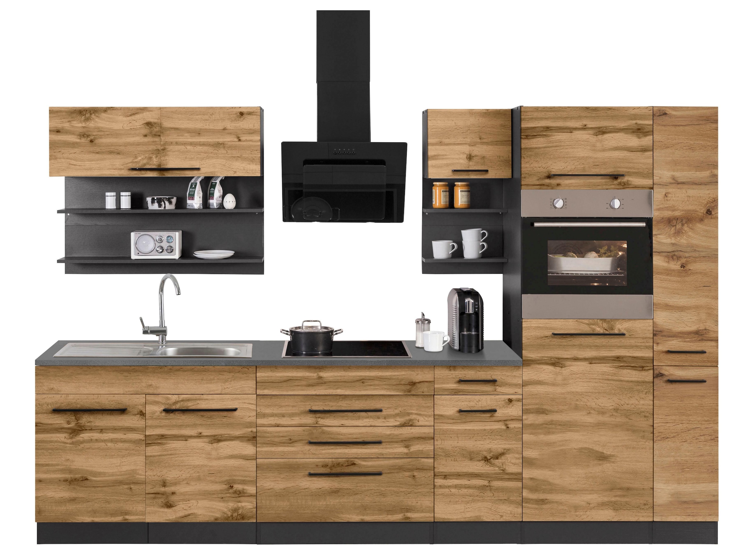 KOCHSTATION Küchenzeile »KS-Tulsa« ohne E-Geräte, Breite 320 cm, schwarze Metallgriffe, MDF Fronten