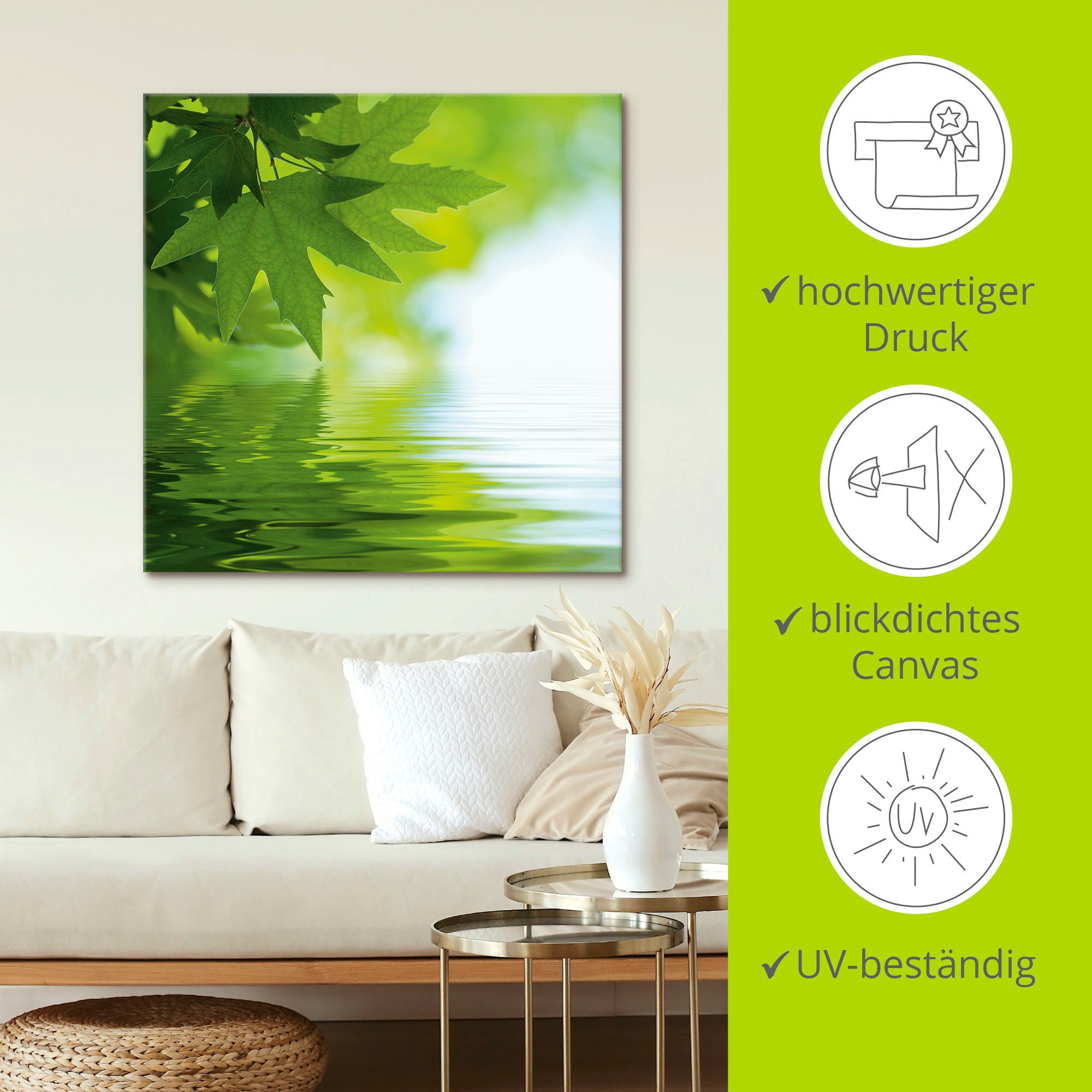 Artland Wandbild »Grüne Blätter reflektieren im Wasser«, Blätter, (1 St.), als Leinwandbild, Poster, Wandaufkleber in verschied. Grössen