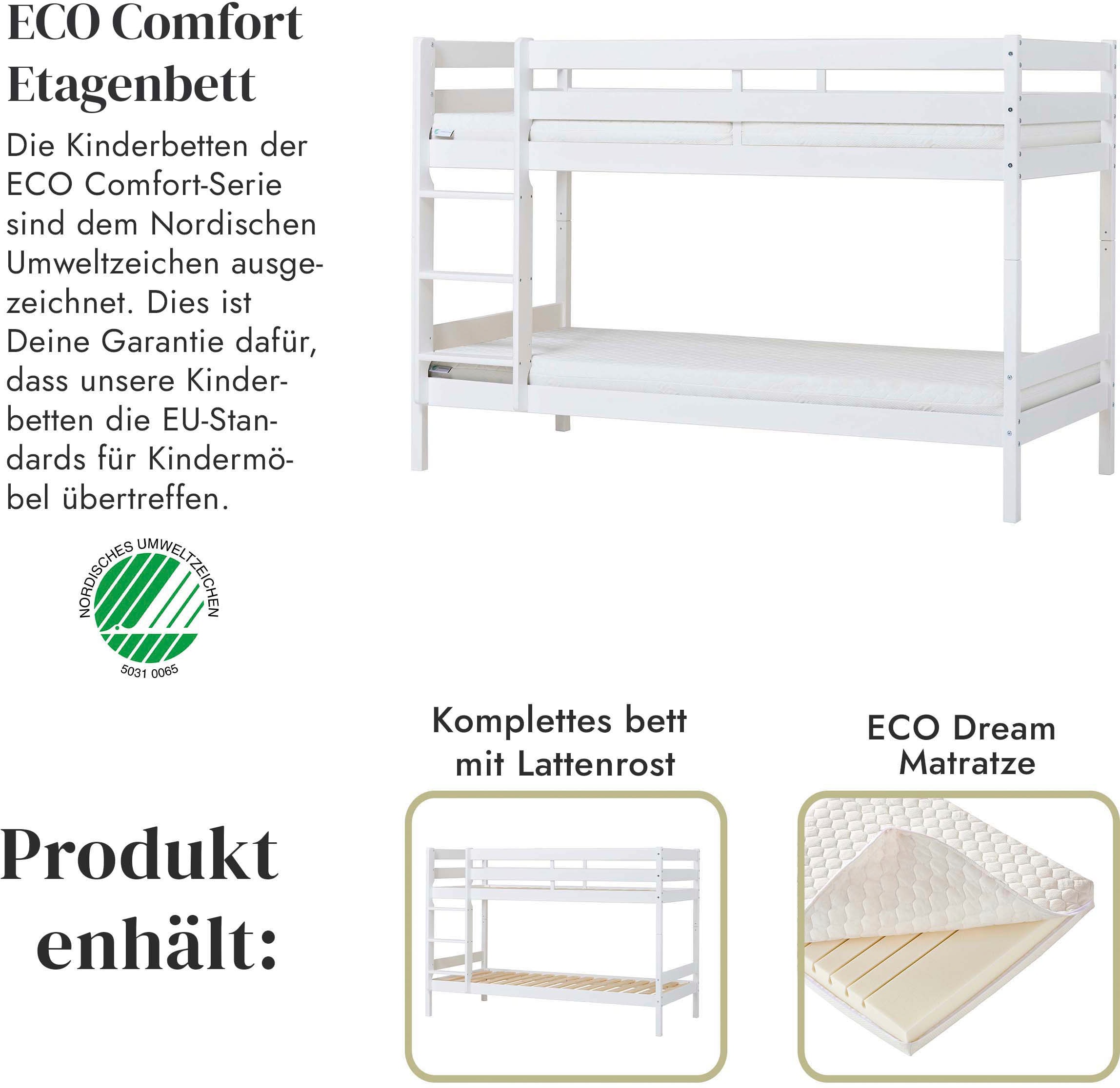 Hoppekids Etagenbett »ECO Comfort Kinderbett 90x200 oder 70x160 aus Massivholz in 4 Farben«, TÜV, FSC und Nordisches Umweltzeichen – wahlweise mit Matratzen