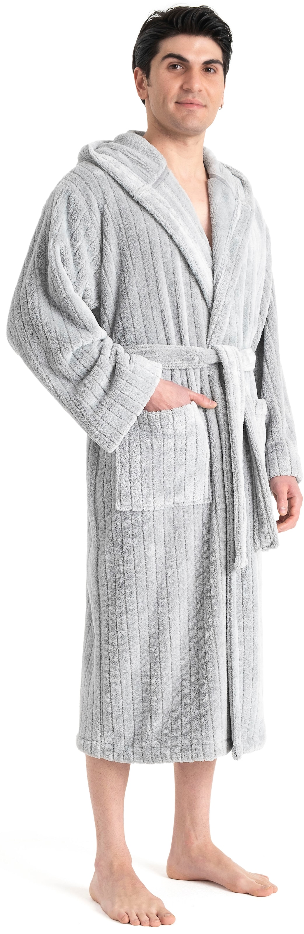 LeGer Home by Lena Gercke Peignoir de bain unisexe »Lovina gestreift, ideal für Sauna & Spa, Hotelbademantel, Morgenmantel« 1 cuis Hoch-Tief, kuschelig weicher Fleece, plüsch, Damen und Herren, XS-3XL