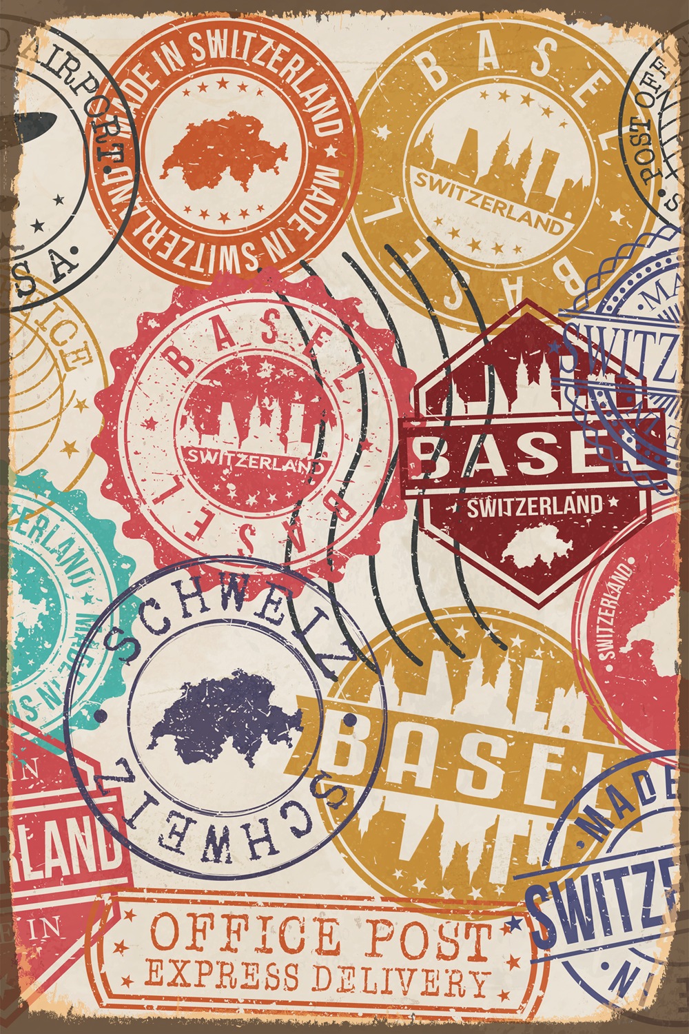 Image of queence Metallbild "BASEL" Schweiz Städte Stahlschild, Blechschild, Schweiz, Basel, Briefmarken