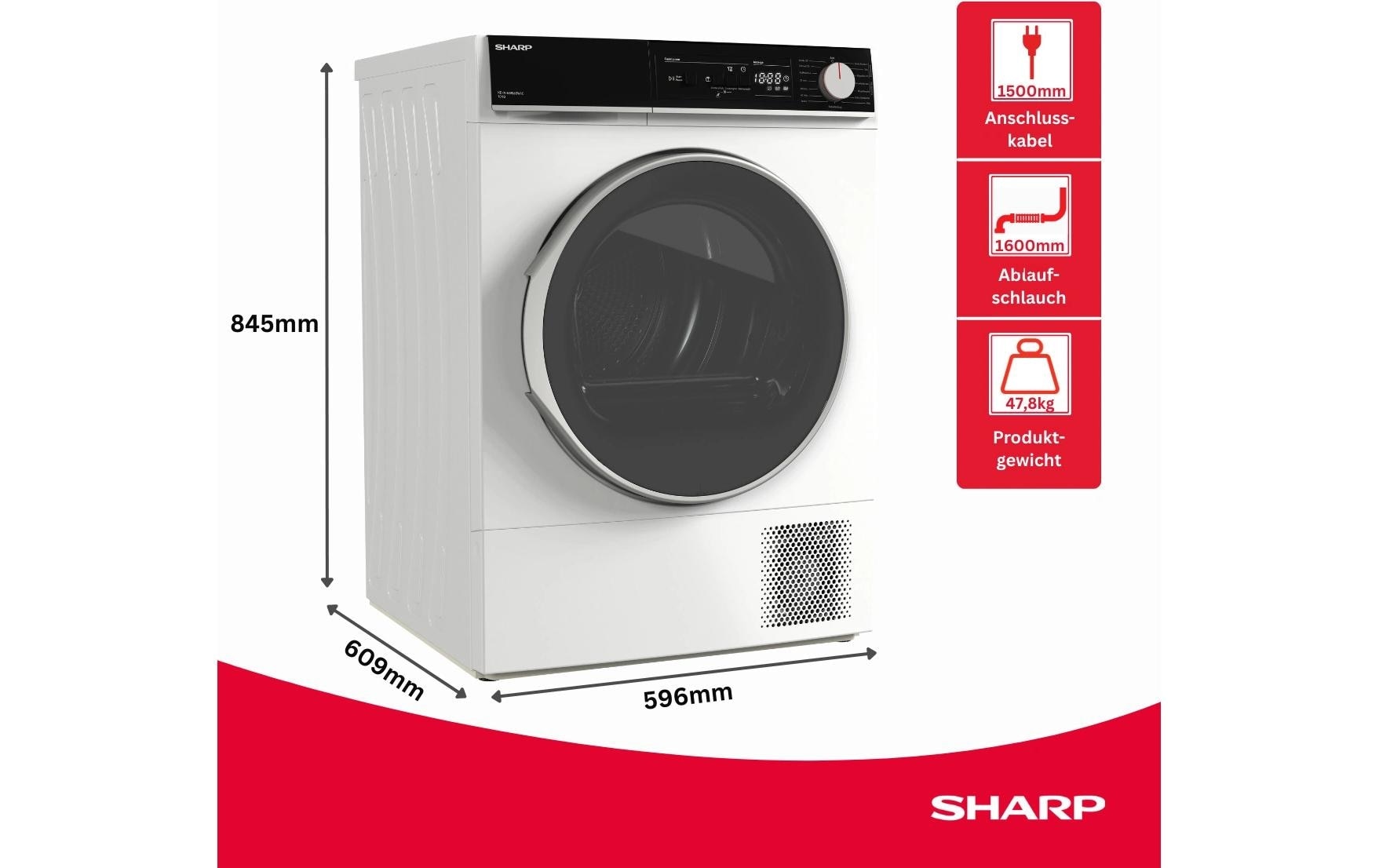 Sharp Lave-linge séchant »KD-NHA0S6GW1C« 64 dB(A) 10kg / EEK C / 3 Tasten / XL-Glas-Tür / weiss