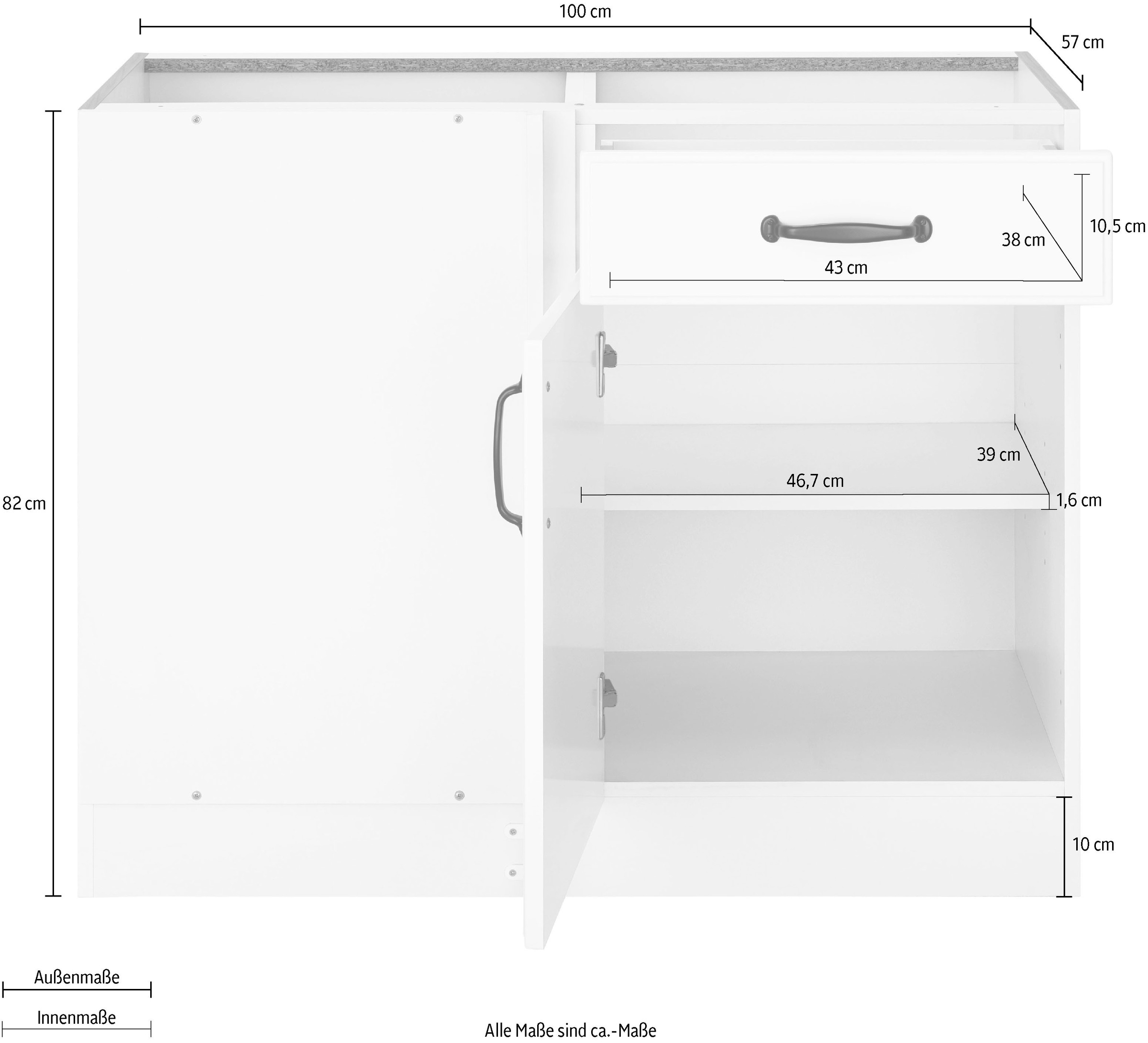 wiho Küchen Eckunterschrank »Erla«, 100 cm breit, Kassettenfront, Planungsmass 110 cm, ohne Arbeitsplatte