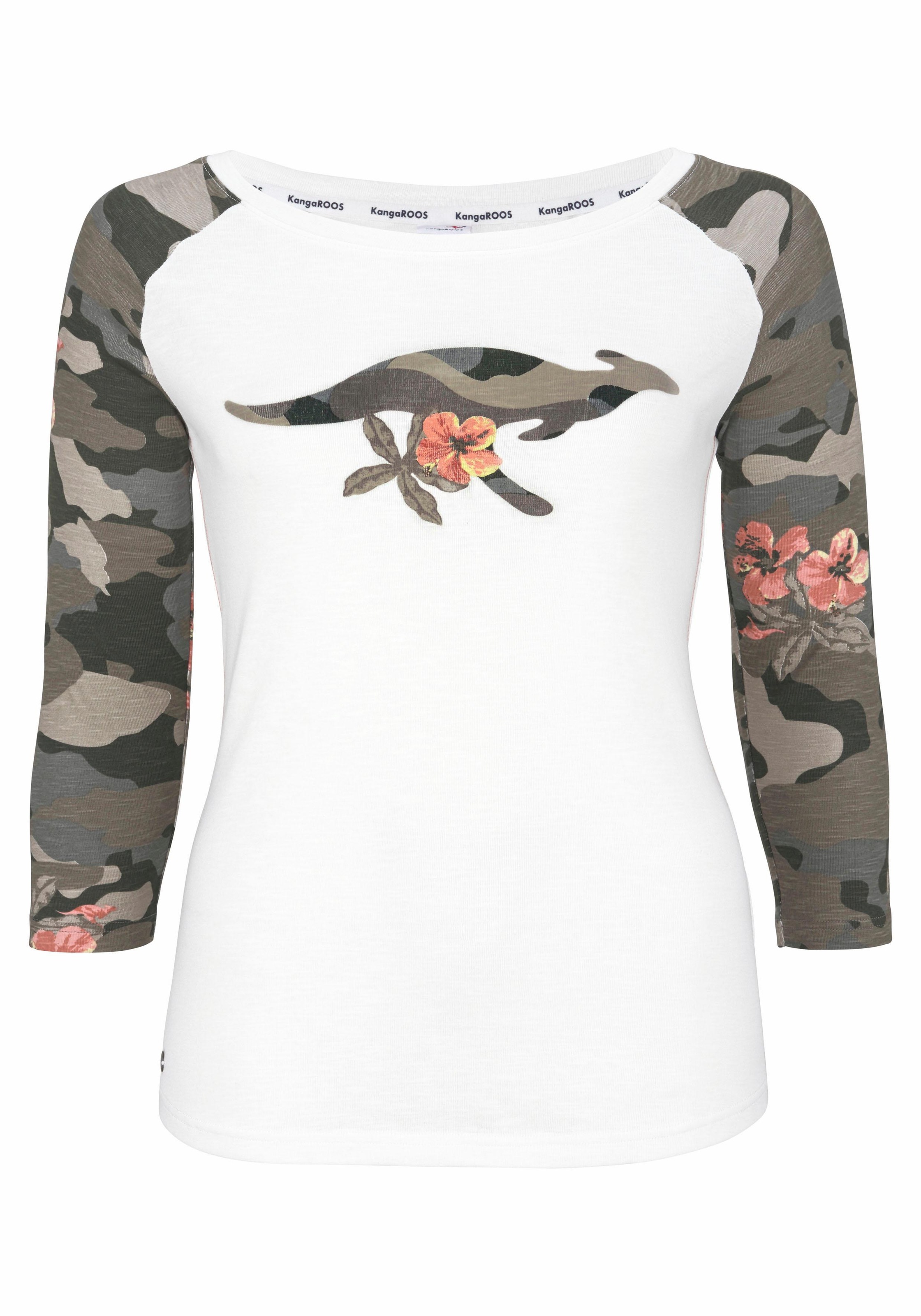 KangaROOS 3/4-Arm-Shirt, mit tarnfarbenen Camouflage-Ärmeln und Front-Print