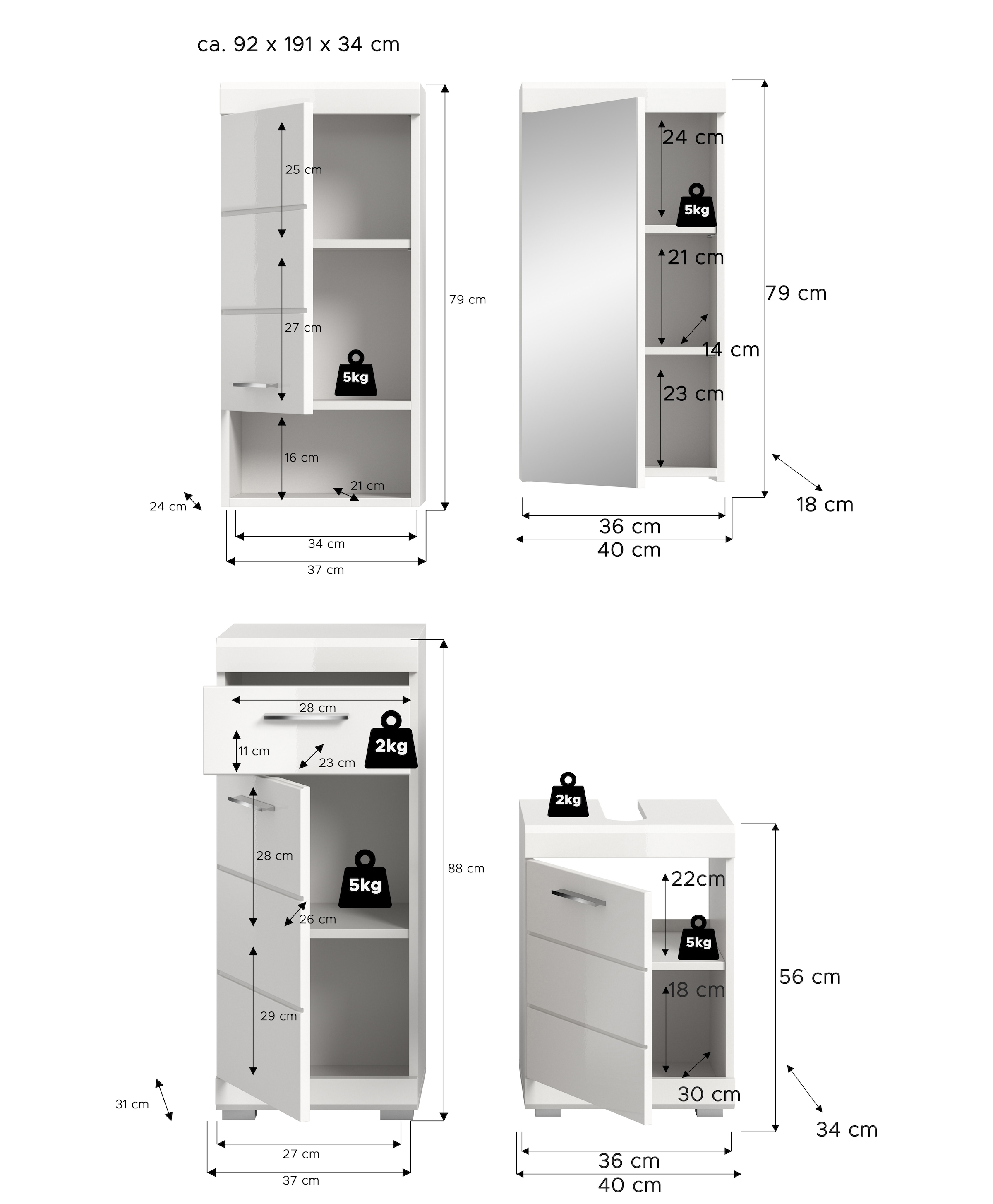 welltime Ensemble de meubles de salle de bain »SIENA, 4-tlg., WBU, Spiegelschrank, Hänge- & Unterschrank, MDF-Front«