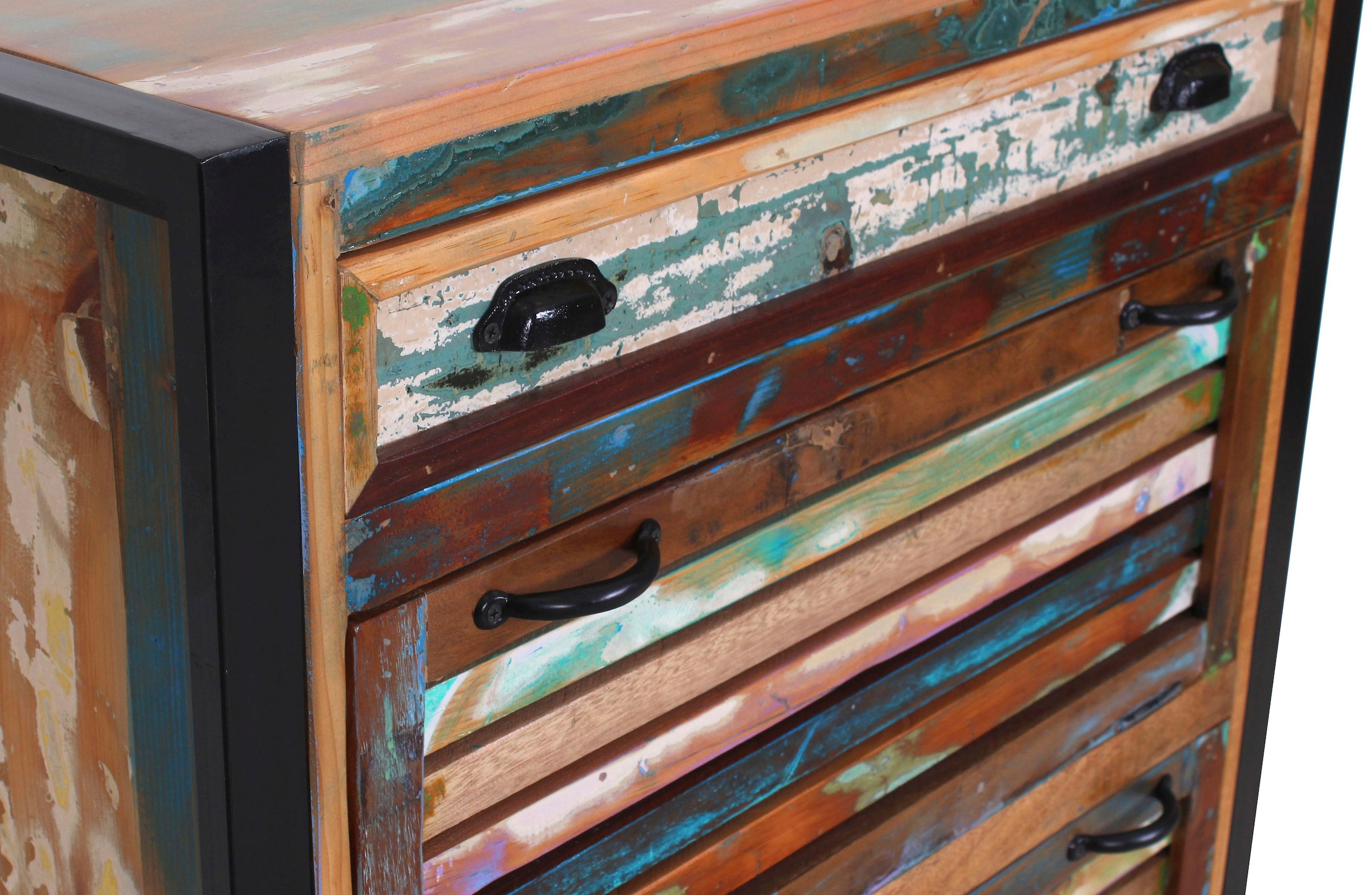 SIT Armoire à chaussures »Ribeira aus Altholz – Lamellenfront – 2 Klappen & Schublade« Pour environ 12 paires de chaussures avec façade à lamelles colorées et cadre métallique