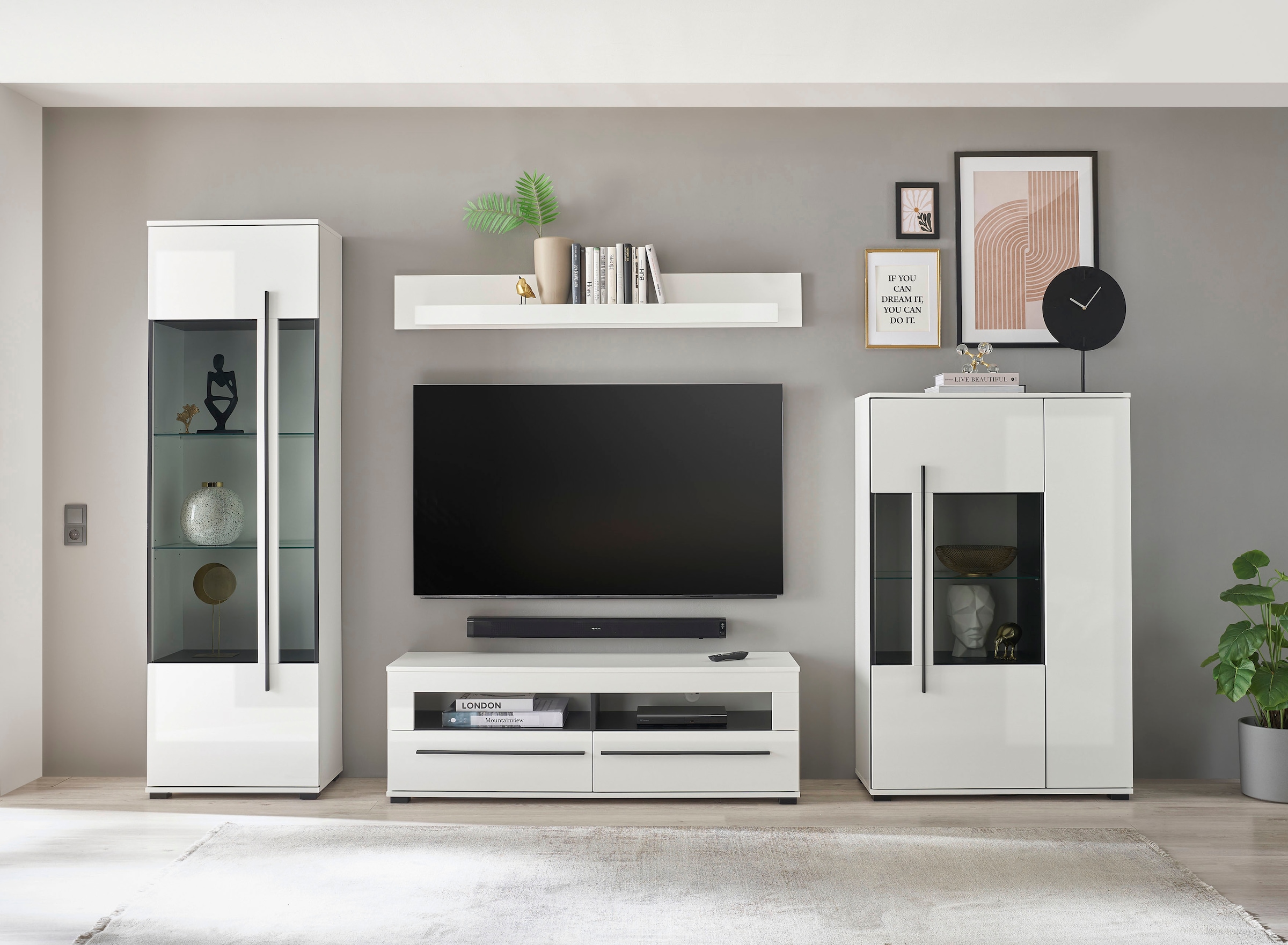 INOSIGN Wohnwand »Cantara, moderne Anbauwand, Wohnzimmer-Set, in Eiche Evoke oder Weiss«, (Set), enthält zwei Vitrinen, ein Lowboard und ein Wandboard
