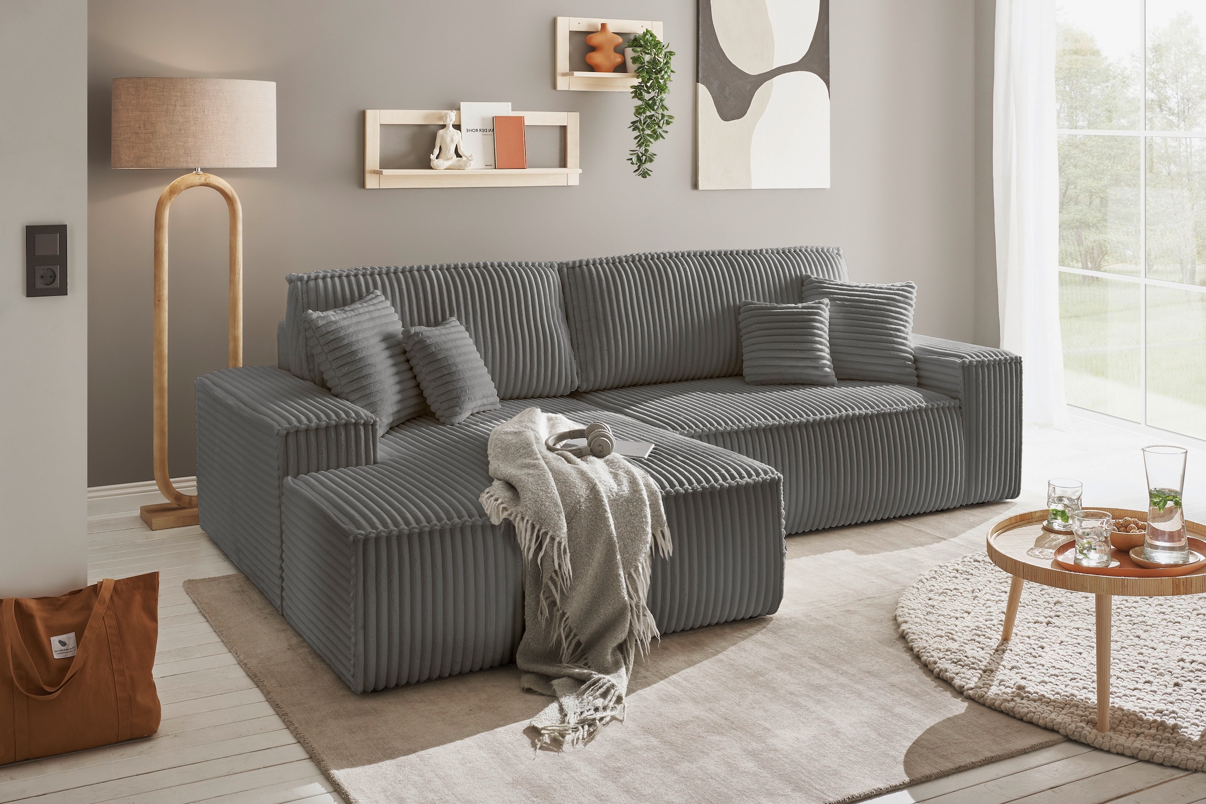 andas Ecksofa »Finnley Schlafsofa 267 cm in Bouclé, Struktur fein u. Cord, L-Form,«, Schlaffunktion m. Bettkasten (136/210 cm), Bouclé, Struktur und Cord