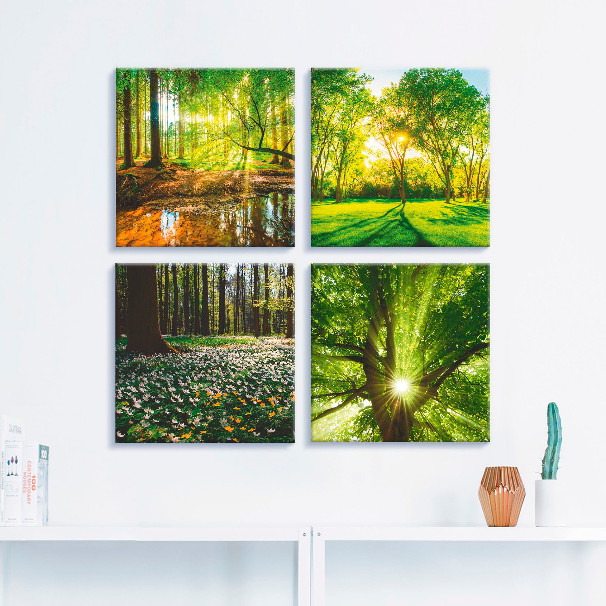 Artland Leinwandbild »Wald Bach Frühling Windrosen Sonne Baum«, Wald, (4 St.), 4er Set, verschiedene Grössen