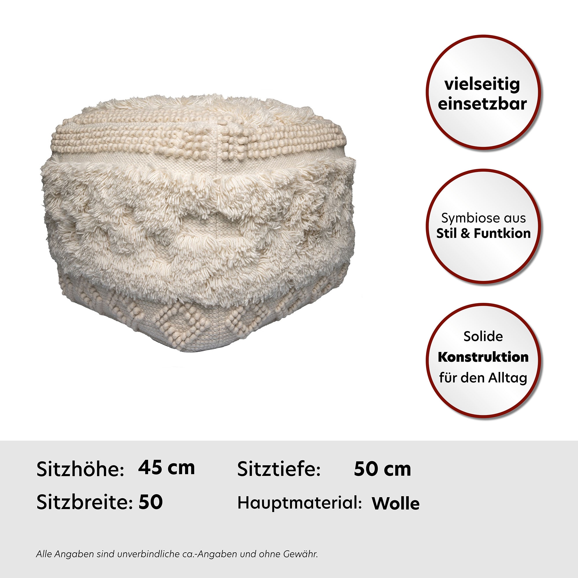 Kayoom Pouf »Bohist 125 50cm x 50cm,  Strukturen mit Fransen und Quasten«, (1 St.), handgefertigt, Unikat, sehr gut kombinierbar, vielfältig im Einsatz