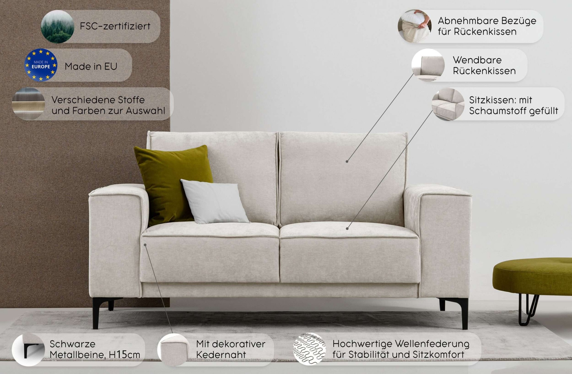 Places of Style 2-Sitzer »Kompaktsofa Oland, Struktur, Flachgewebe, Luxus-Microfaser, Boucle«, 164 cm, Wellenunterfederung, Skandi-Design, Metallfüsse