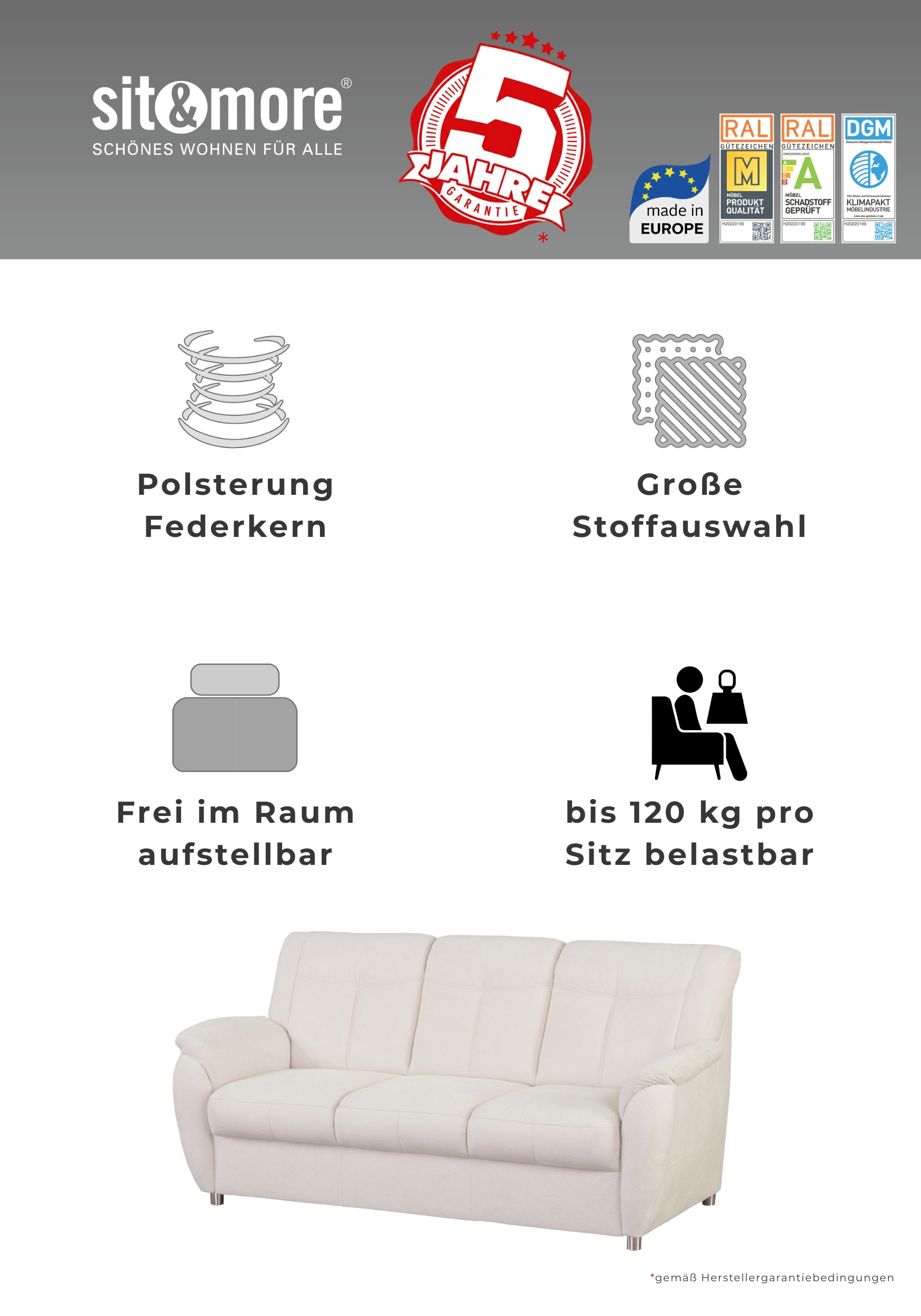 sit&more 3-Sitzer »Sonoma, B: 189 cm, Federkern, Komfortsitzhöhe 45 cm« Couch frei stellbar, 3-Sitzer Sofa, Stoffvarianten