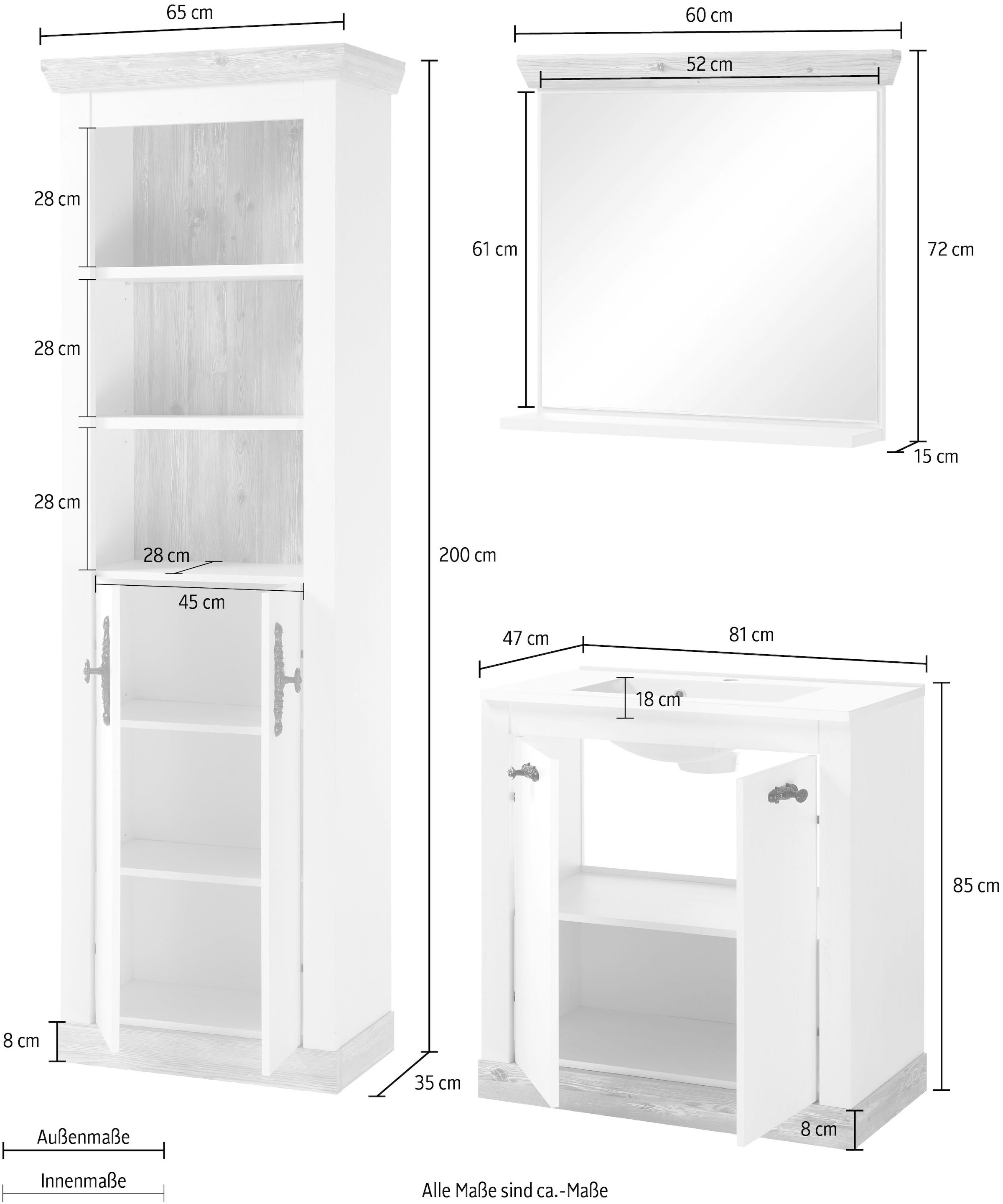 Home affaire Badmöbel-Set »Florenz, Bad im Landhausstil, 3-teiliges Badezimmer«, (3 St.), Waschtisch, Schrank und Spiegel mit Ablage, in Pinie Weiss, Stauraum