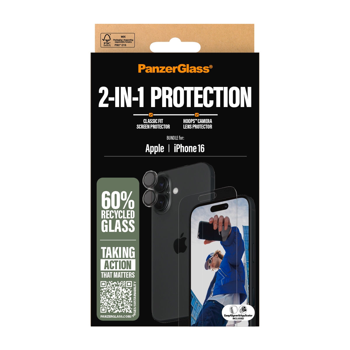 PanzerGlass Displayschutzglas »2-in-1 Protection, Glass, Lens Protector«, für Apple iPhone 16, Displayschutzfolie, Schutzfolie, Bildschirmschutz, kratz- & stossfest
