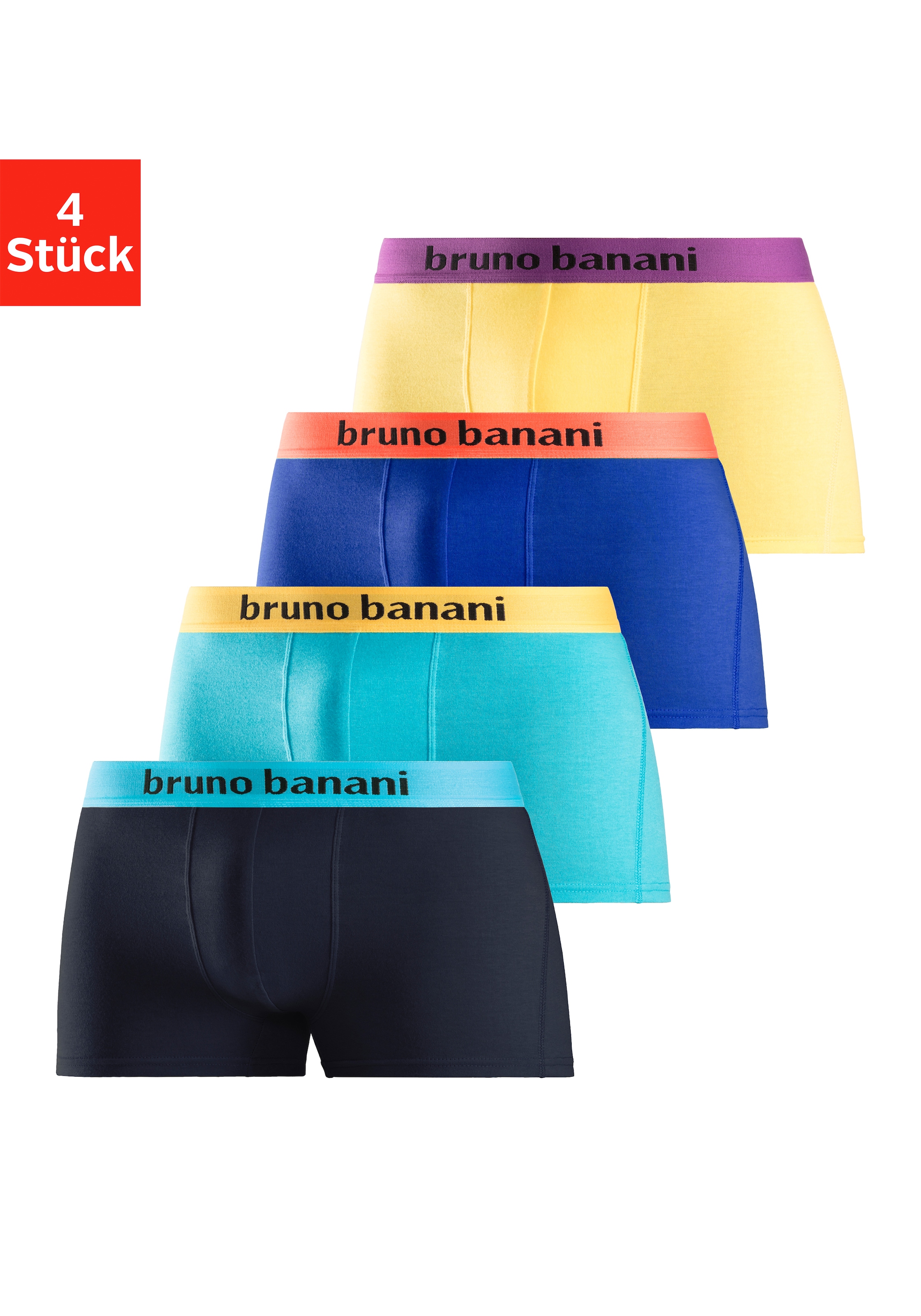 Bruno Banani am Boxer, 4 St.), farbigen mit (Packung, Bündchen auf Marken-Schriftzug versandkostenfrei