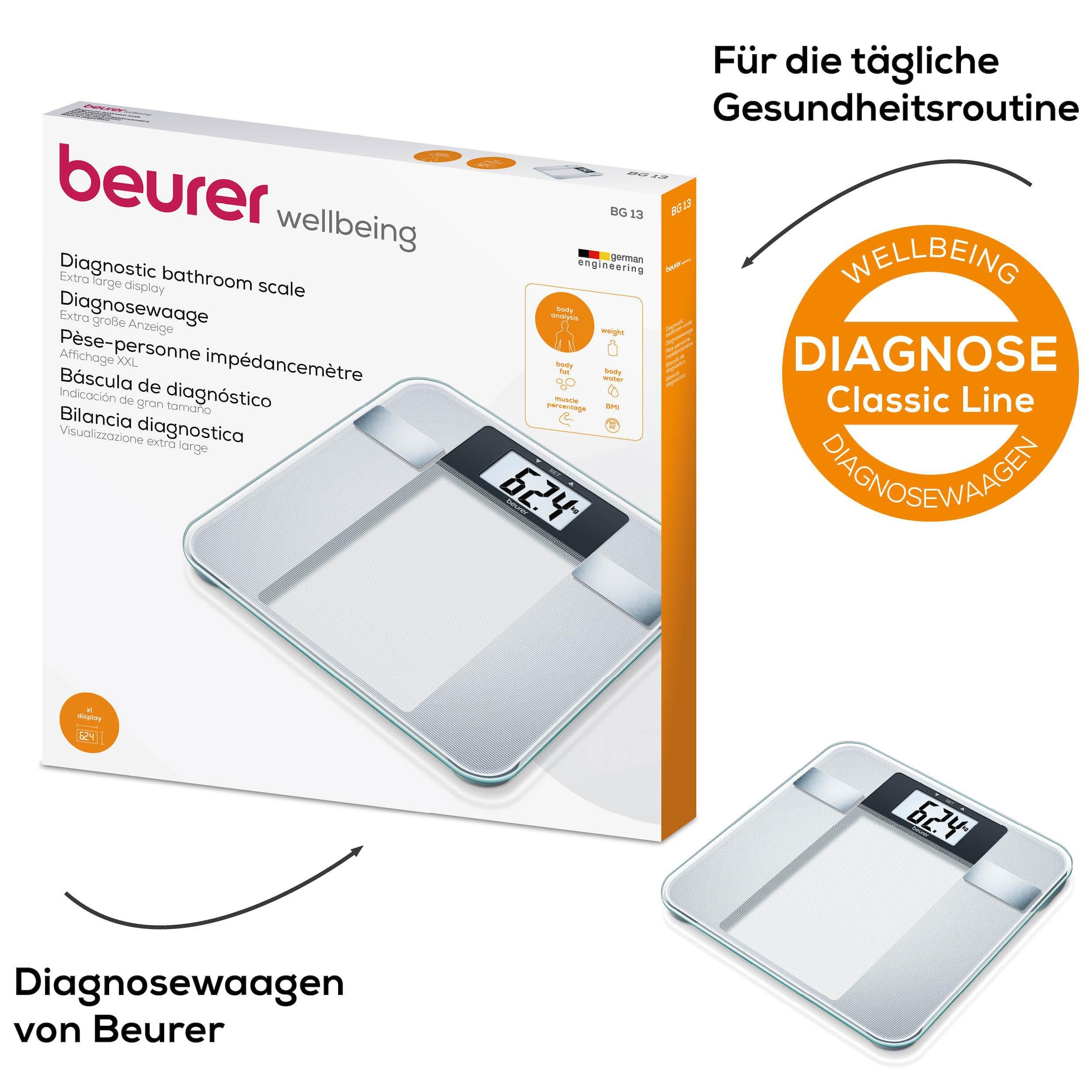 BEURER Pèse-personne d'analyse corporelle »BG 13 zur Messung von Gewicht, Körperfett, Körperwasser, Muskelanteil« Trittfläche aus Sicherheitsglas, Tragkraft bis 150 kg