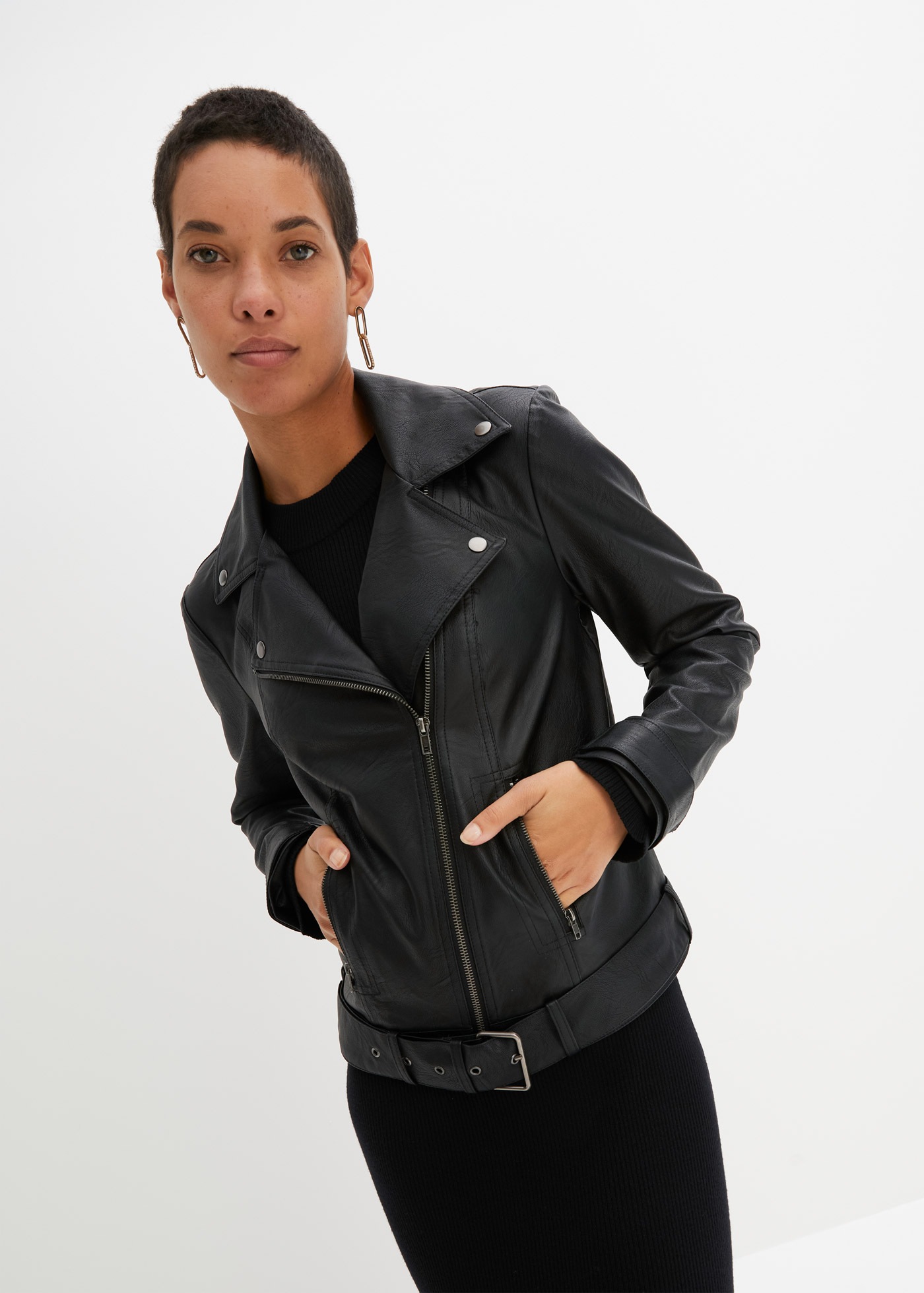 Image of bonprix Bikerjacke mit Gürtelschlaufen und abnehmbarem Gürtel am Bund, aus Lederimitat