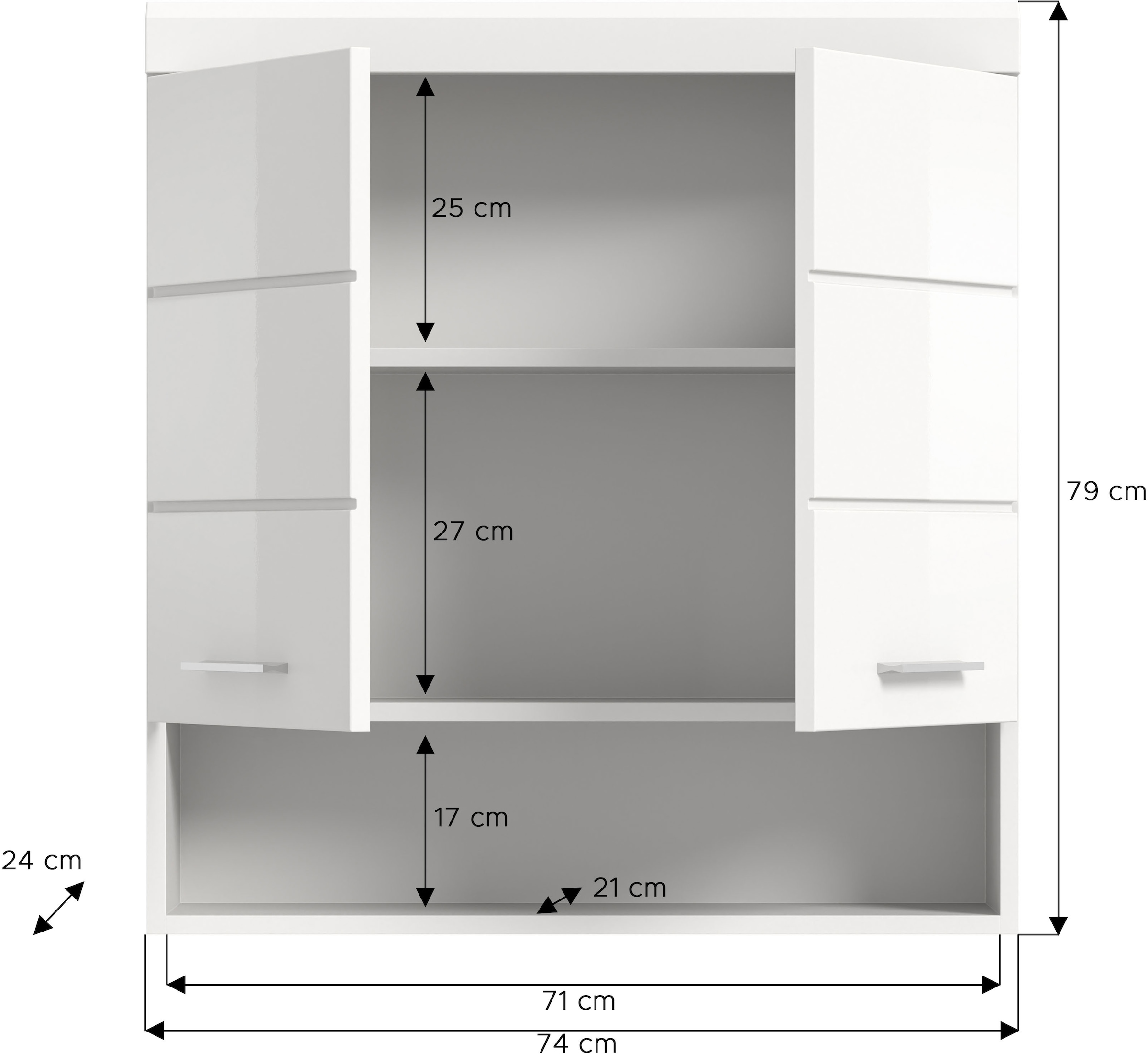 welltime Hängeschrank »SIENA, Breite 74cm, 2 Türen, 1 offenes Fächer, MDF-Front« TOPSELLER!,  in verschiedenen Farben erhältlich, Badmöbel, Badschrank, Schrank, Bad