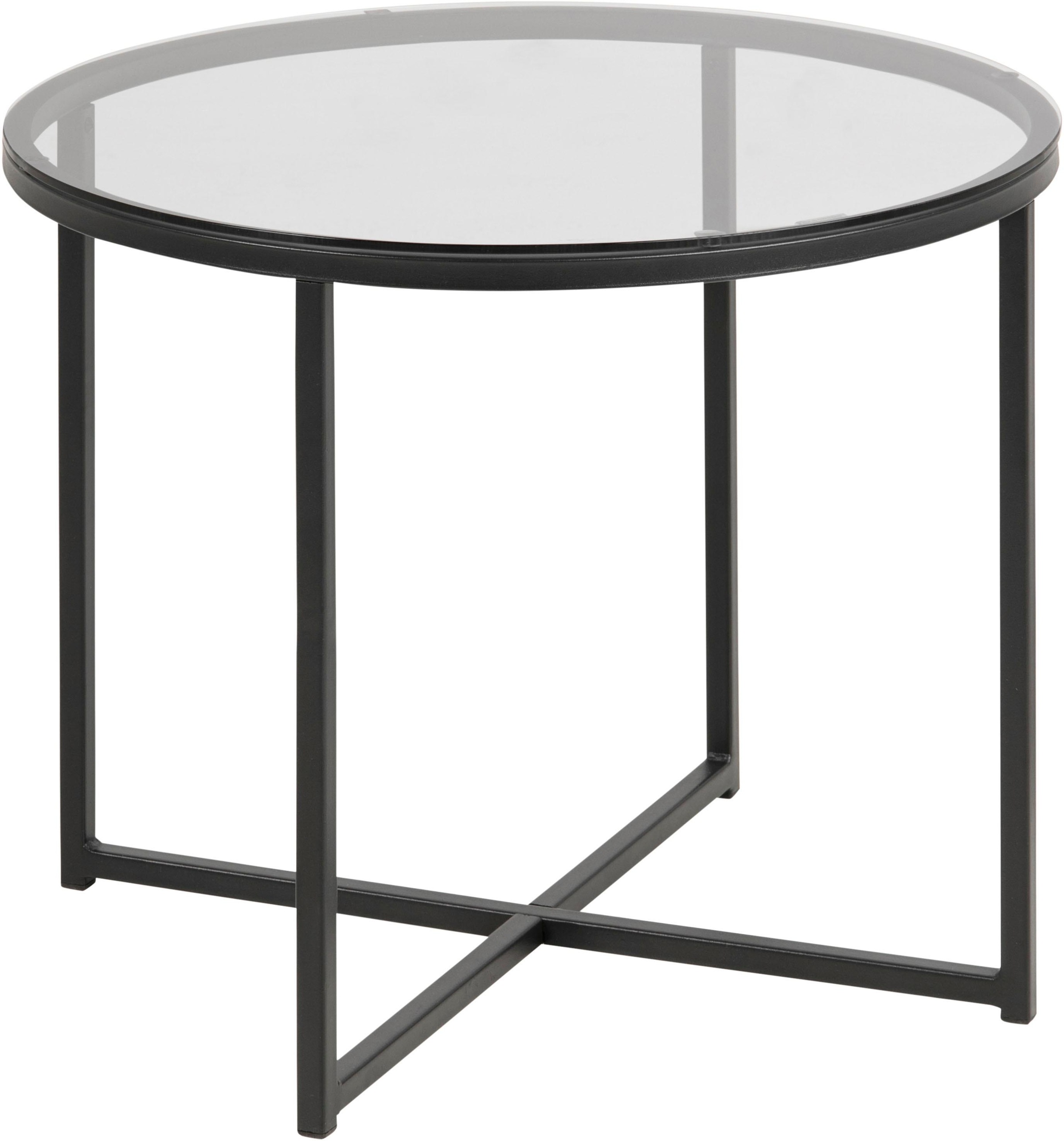 Image of ACTONA GROUP Couchtisch "Conrad, runder Kaffeetisch, Scandi design, B: 55" Couchtisch, Sofatisch, OTTOs Choice, Tischplatte aus gerauchtem Glas, schwarzes Metallgestell, H: 45 cm