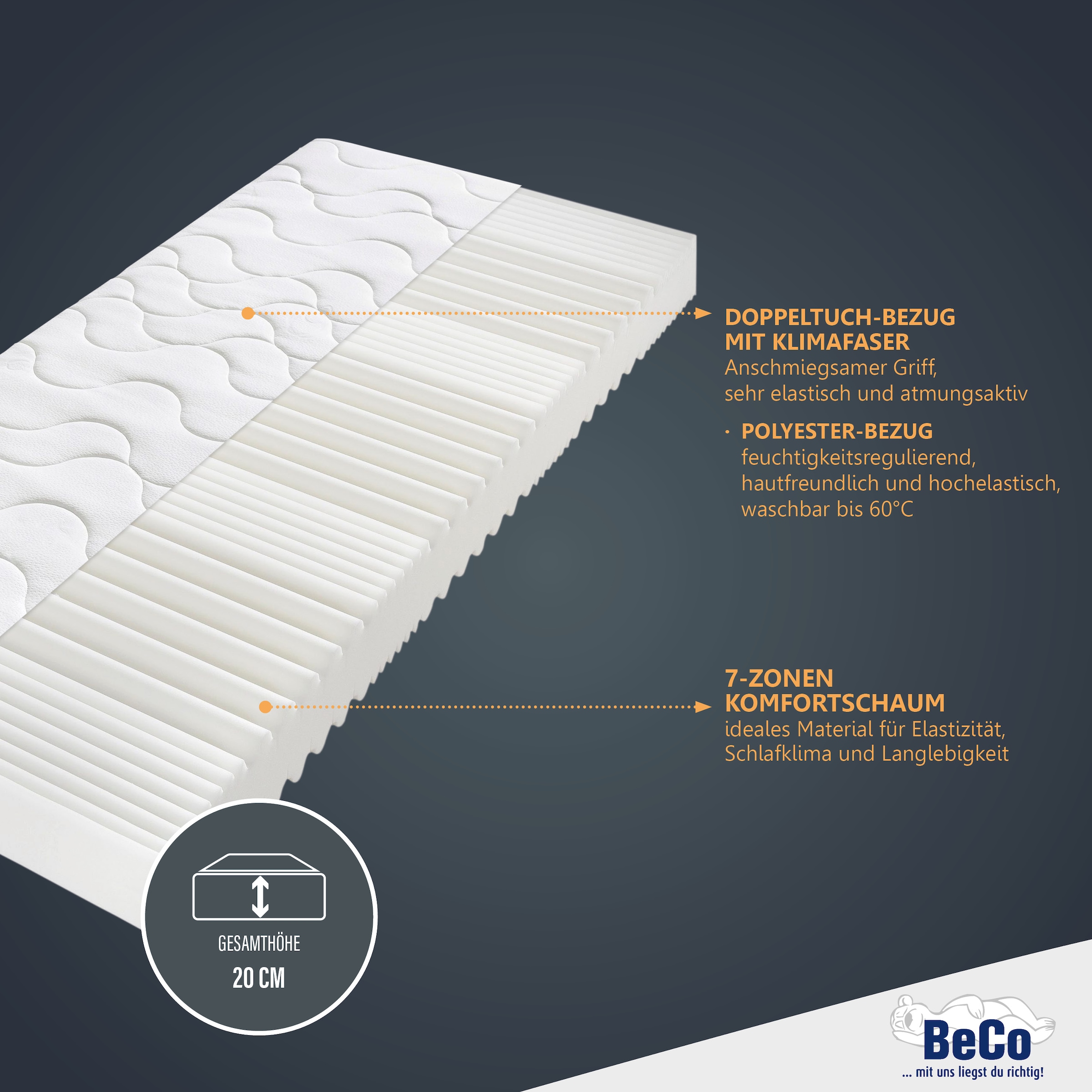 Beco Matelas mousse confort »Double Deluxe Matratze 20, Matratze in 90x200 cm und weiteren Grössen« 20 cm hoch Raumgewicht: 28 kg/m³ 1 cuis tlg. matelas testé par TÜV Süd*, plus de 2 000 avis 5 étoiles !