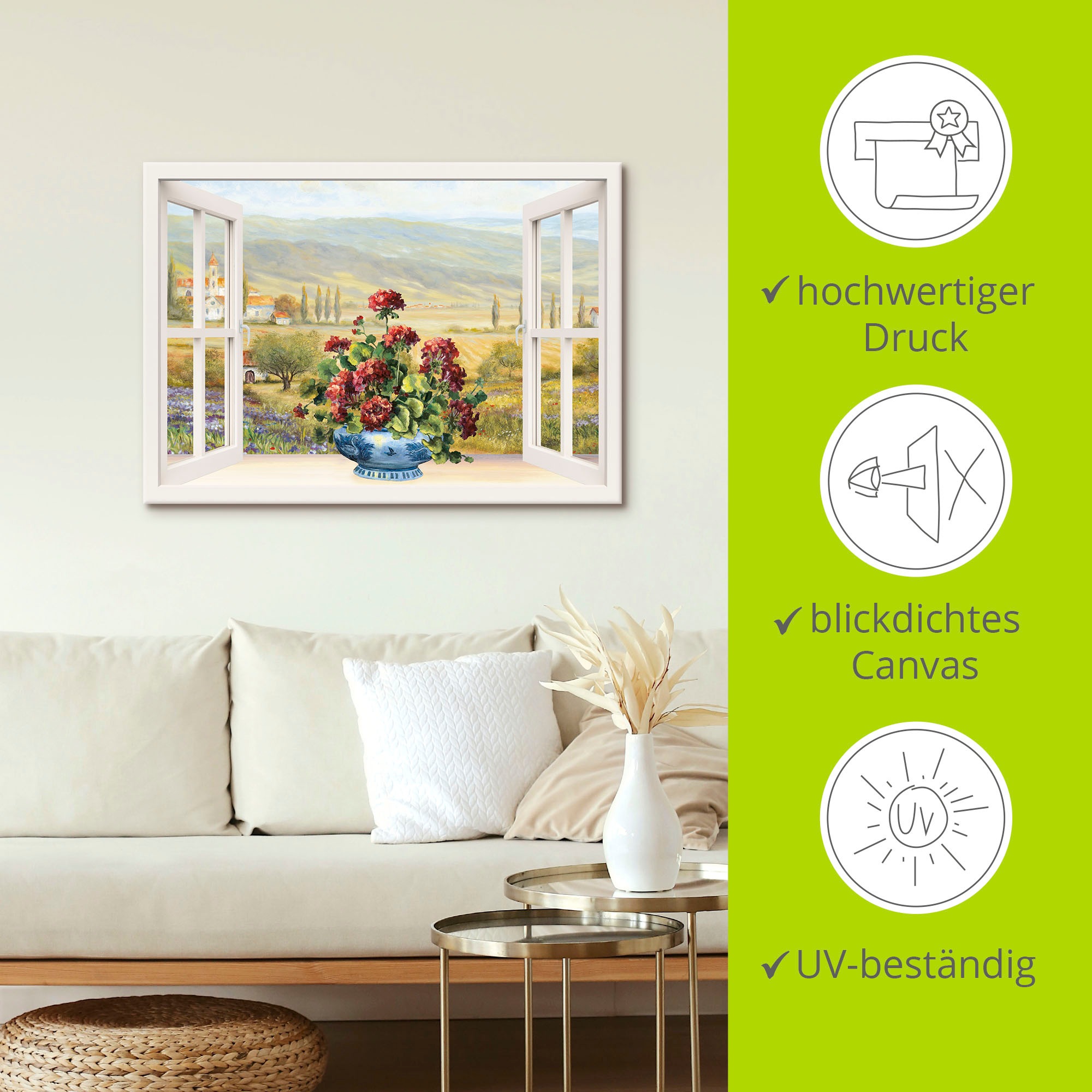 Artland Leinwandbild »Blumenbouquet am weissen Fenster«, Fensterblick, (1 St.), auf Keilrahmen gespannt