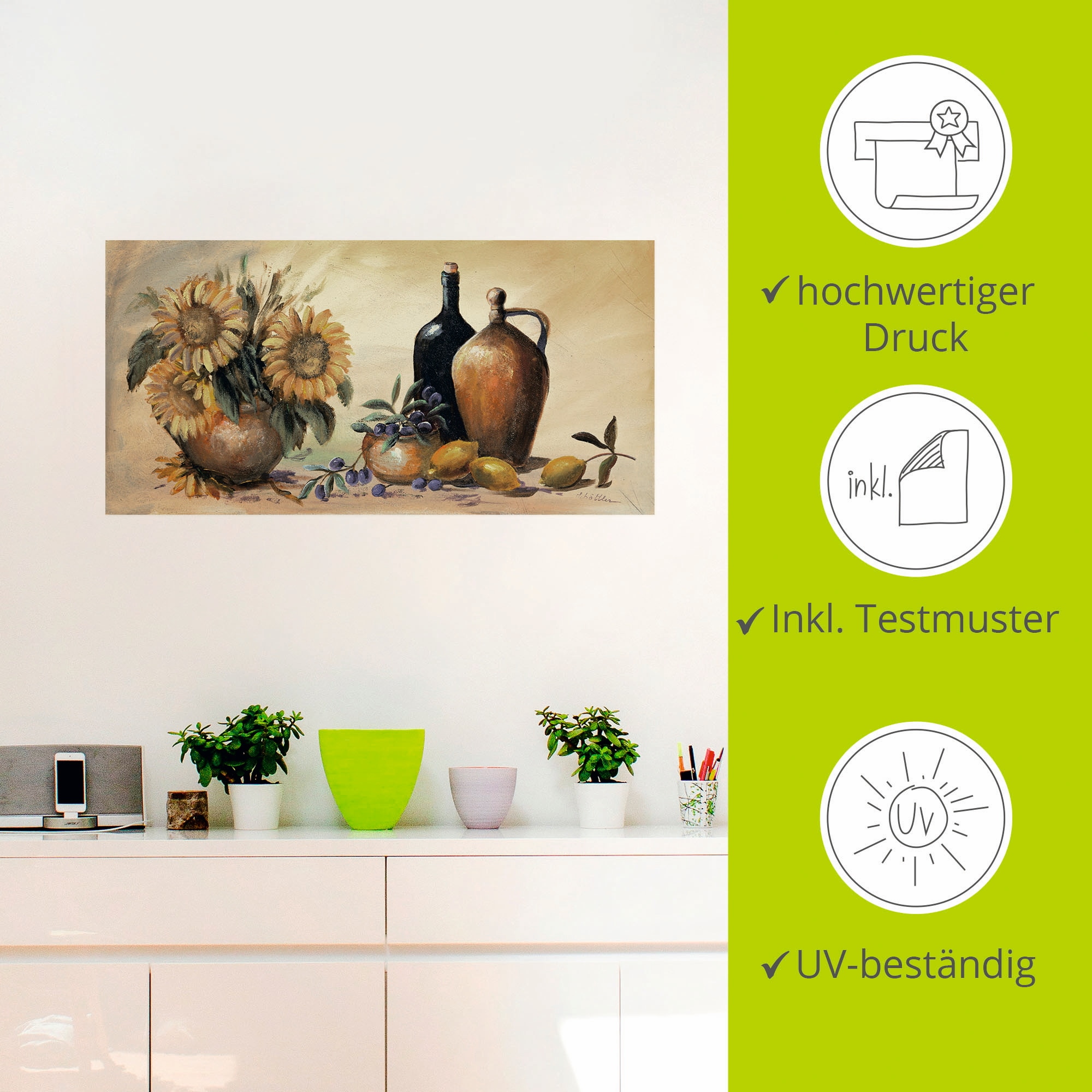 Artland Wandbild »Stillleben mit Sonnenblumen«, Vasen & Töpfe, (1 St.), als Leinwandbild, Poster, Wandaufkleber in verschied. Grössen