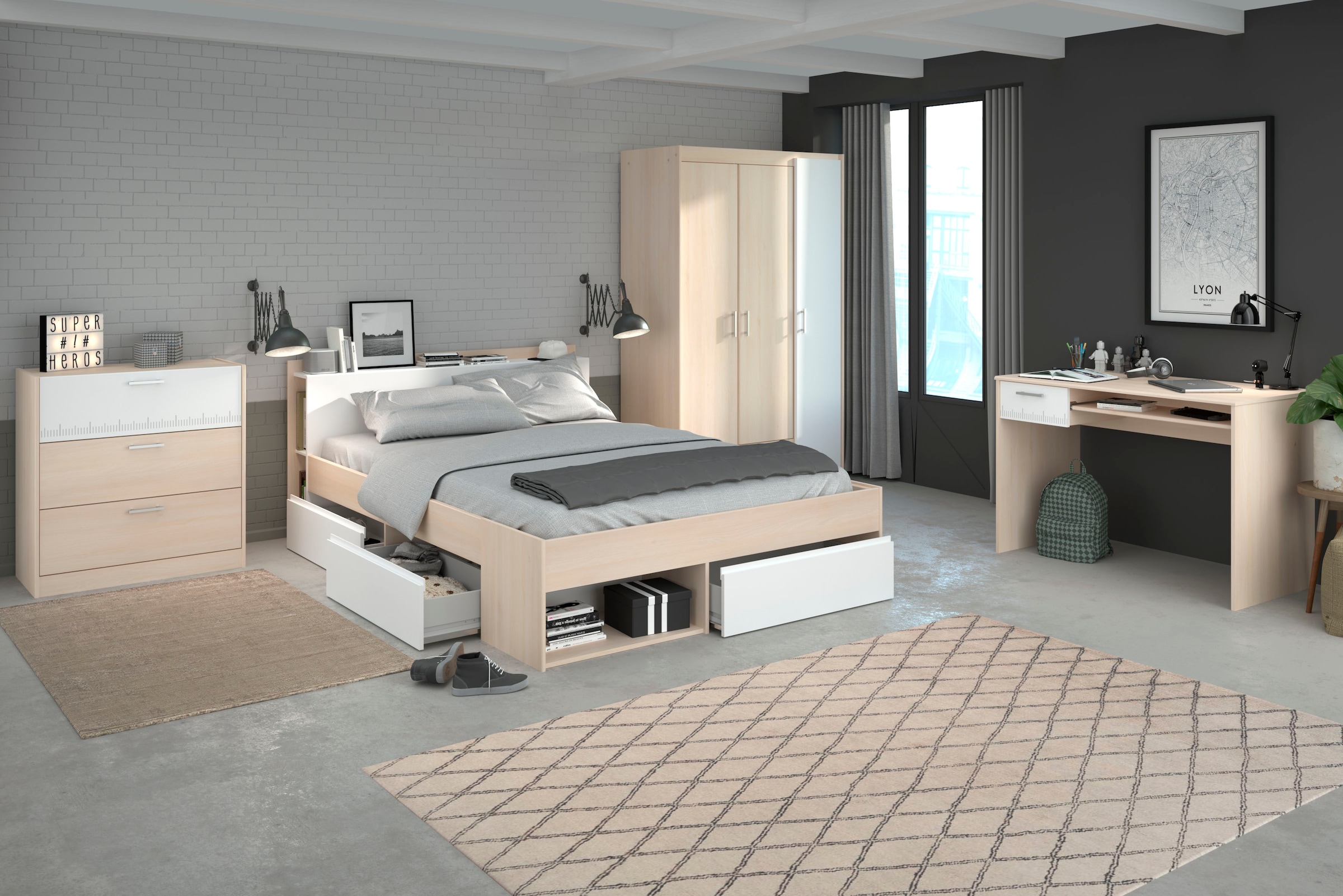 Parisot Jugendzimmer-Set »Most«, (Set, 4 tlg., Bett mit Schubkästen, Kleiderschrank, Schreibtisch, Schubkastenkommode)