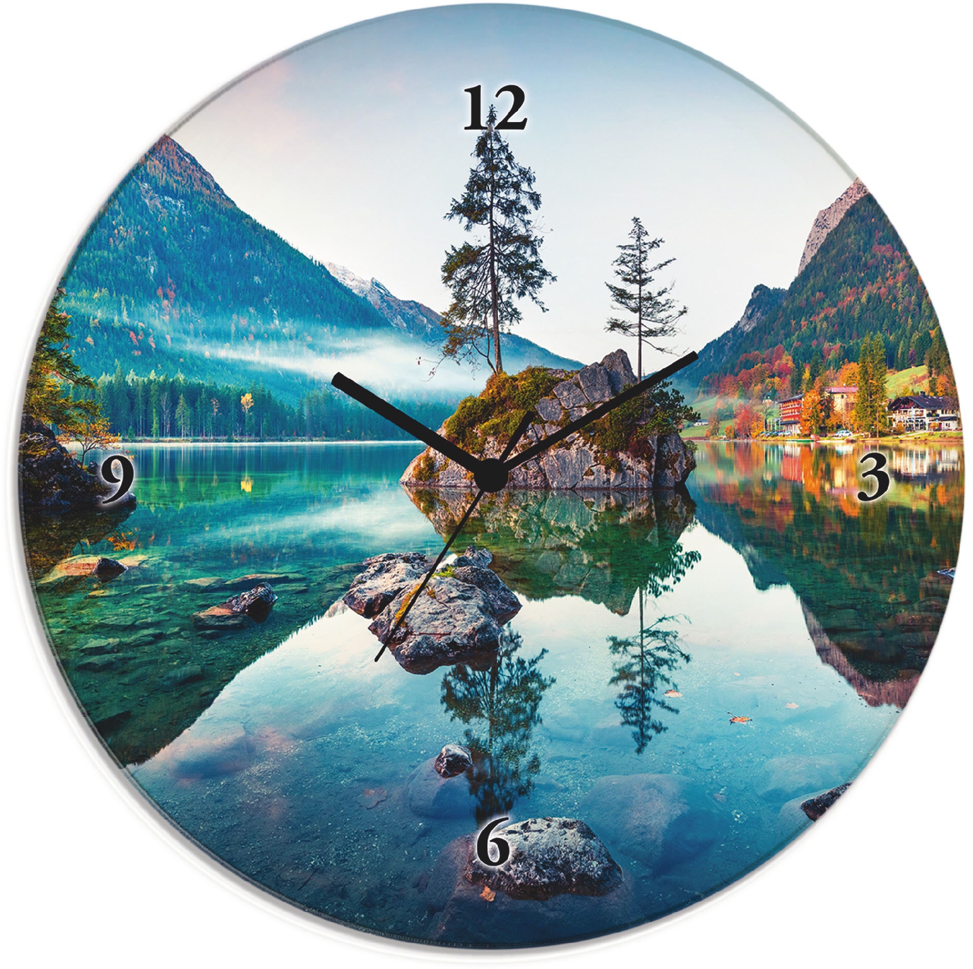 Image of Artland Wanduhr "Glasuhr rund Herbstszene des Hintersee vor Alpen" wahlweise mit Quarz- oder Funkuhrwerk, lautlos ohne Tickgeräusche