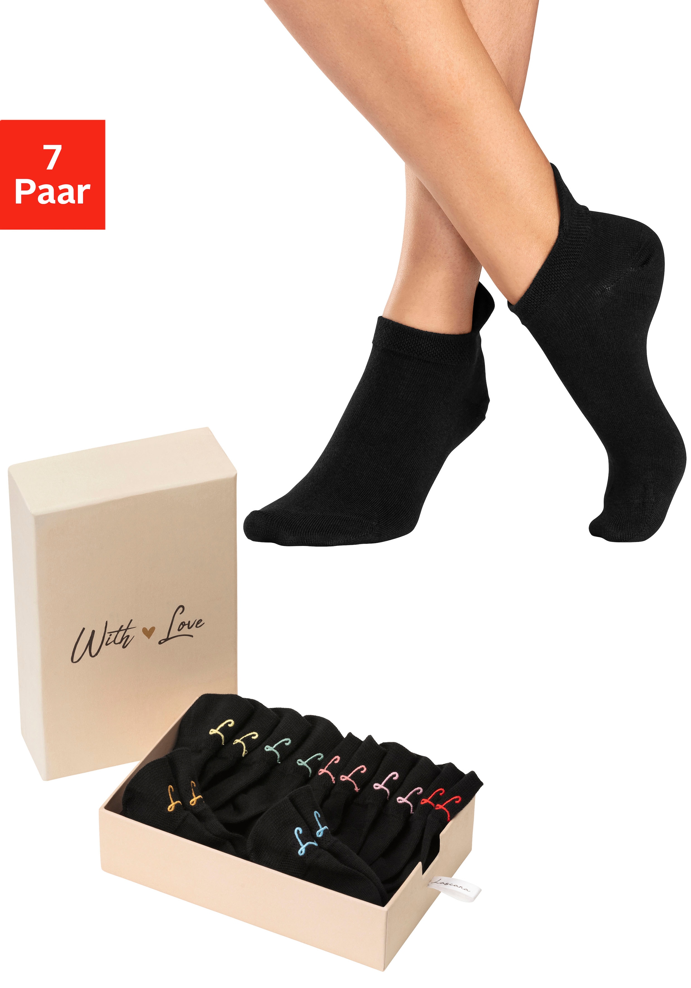 LASCANA Sneakersocken, (Box, 7 Paar, Box), mit kleiner Stickerei