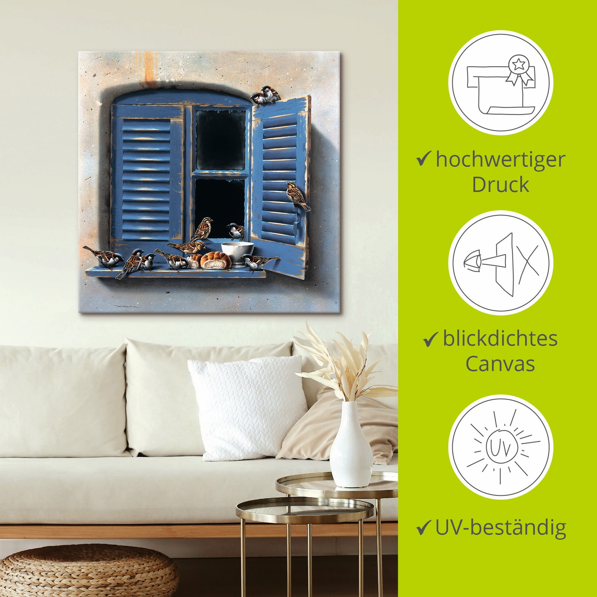 Artland Wandbild »Vogelbesuch II«, Fenster & Türen, (1 St.), als Leinwandbild, Poster in verschied. Grössen